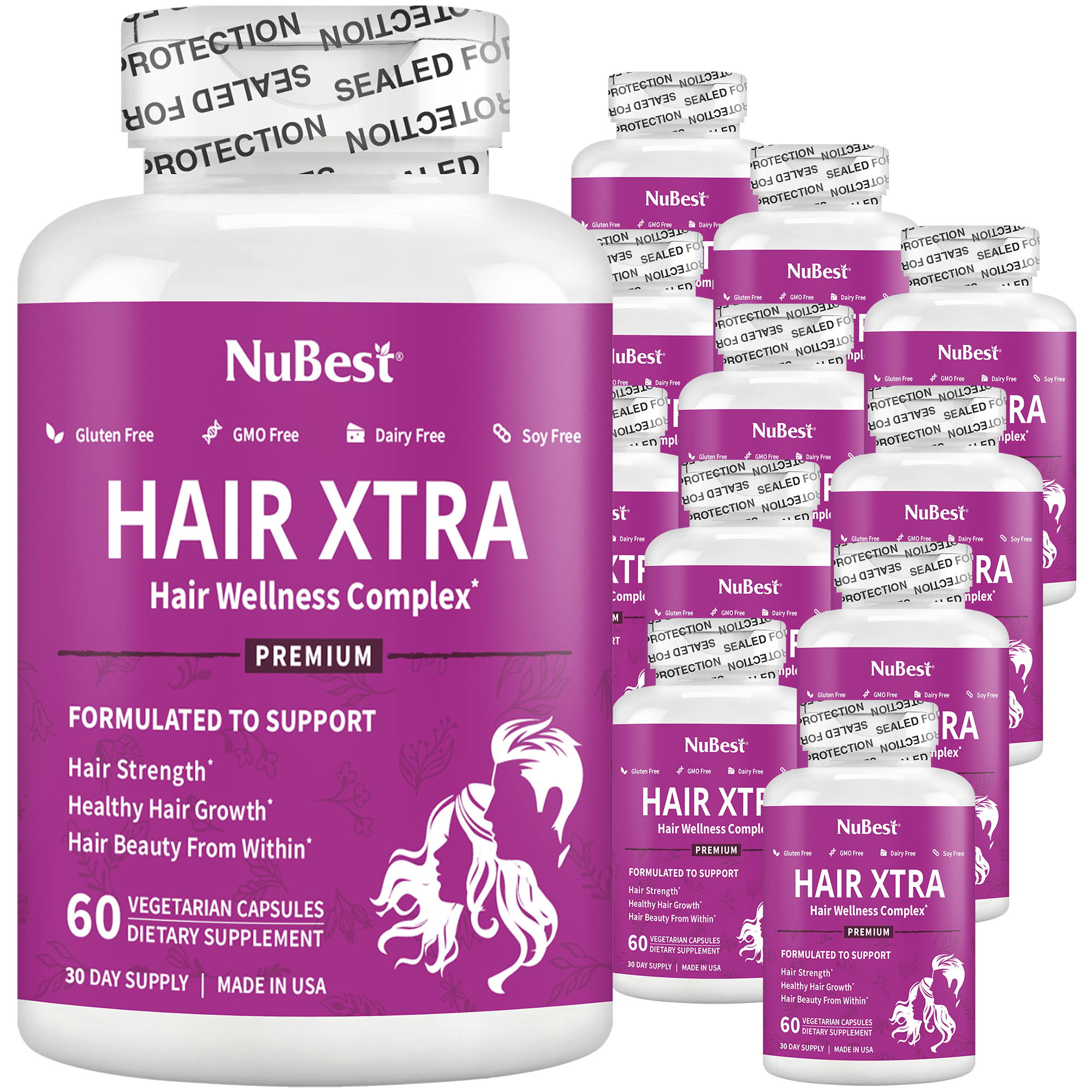 Hair Xtra Premium Hair Growth Support capsules in a bottle, designed for men and women, featuring a vegan formula for healthy hair.