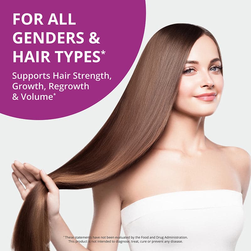 Hair Xtra Premium Hair Growth Support capsules in a bottle, designed for men and women, featuring a vegan formula for healthy hair.