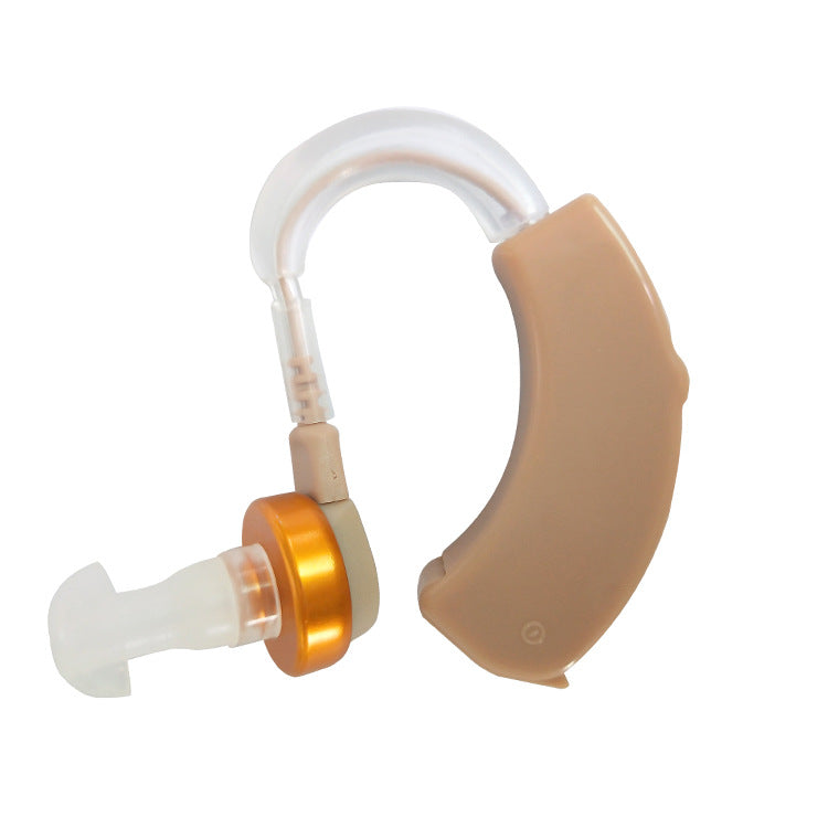 A lightweight and sleek hanging hearing aid designed for mild to moderate hearing impairment, featuring a rechargeable battery and made from durable plastic.