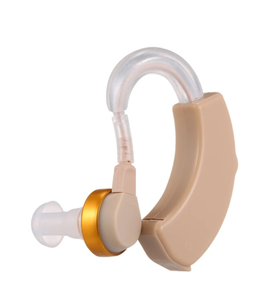 A lightweight and sleek hanging hearing aid designed for mild to moderate hearing impairment, featuring a rechargeable battery and made from durable plastic.