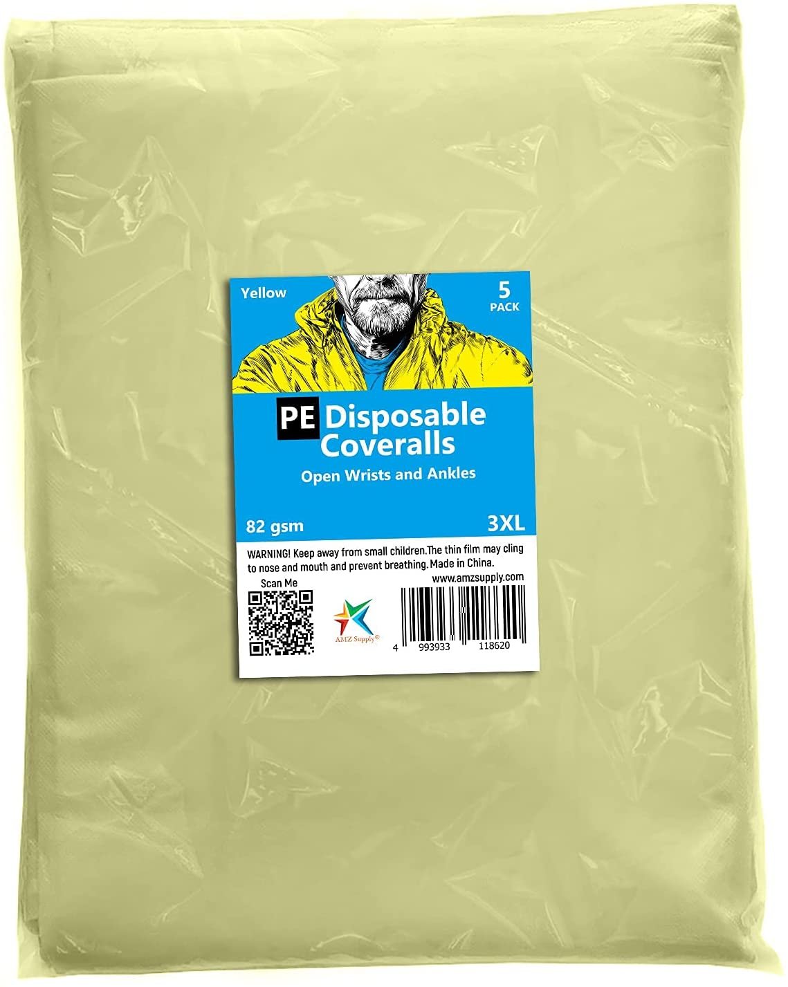 Yellow disposable coveralls package.