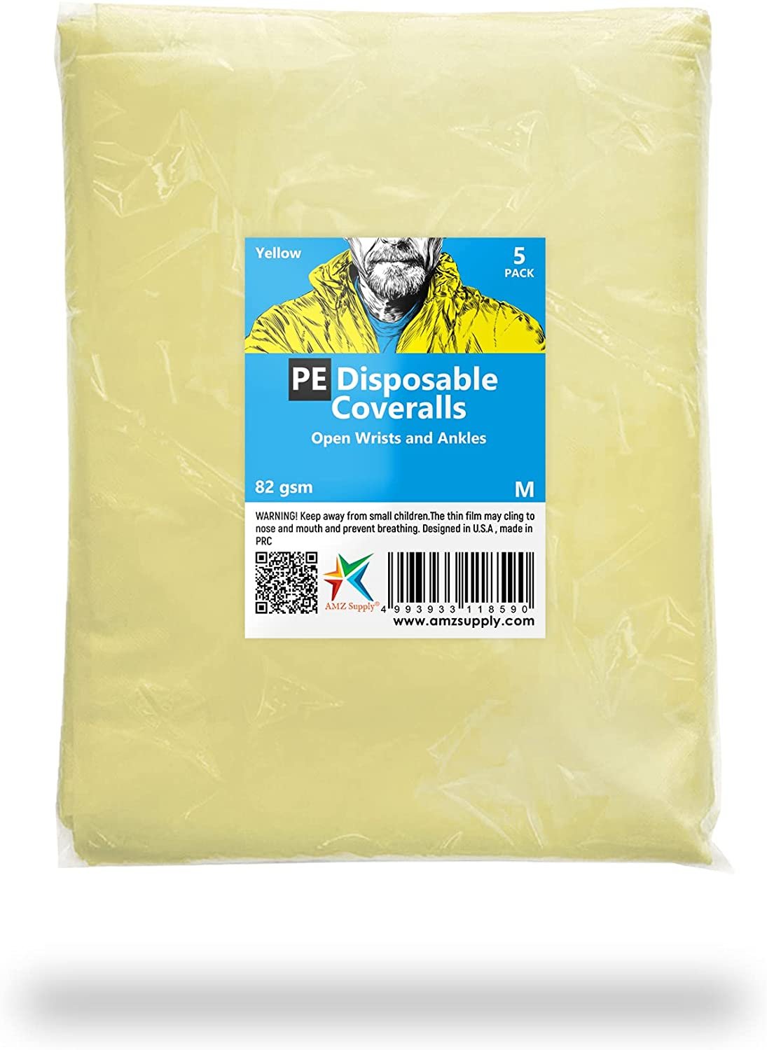 Yellow disposable coveralls package.