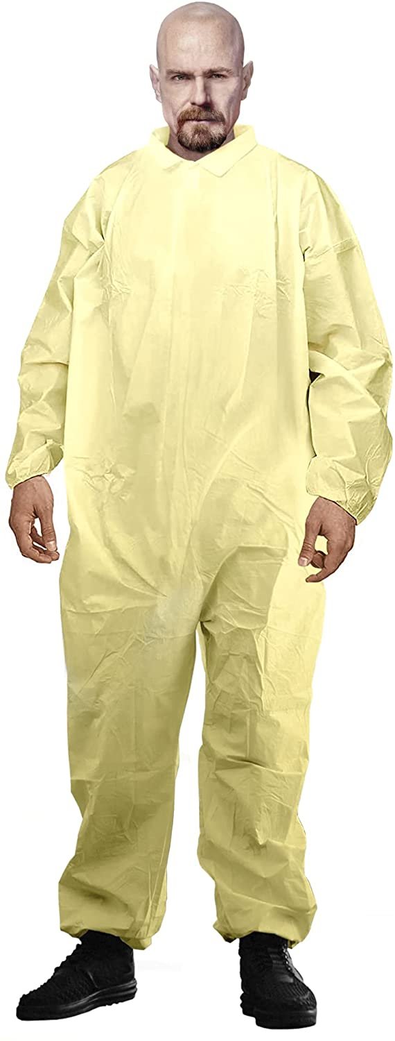 Man wearing yellow hazmat suit.