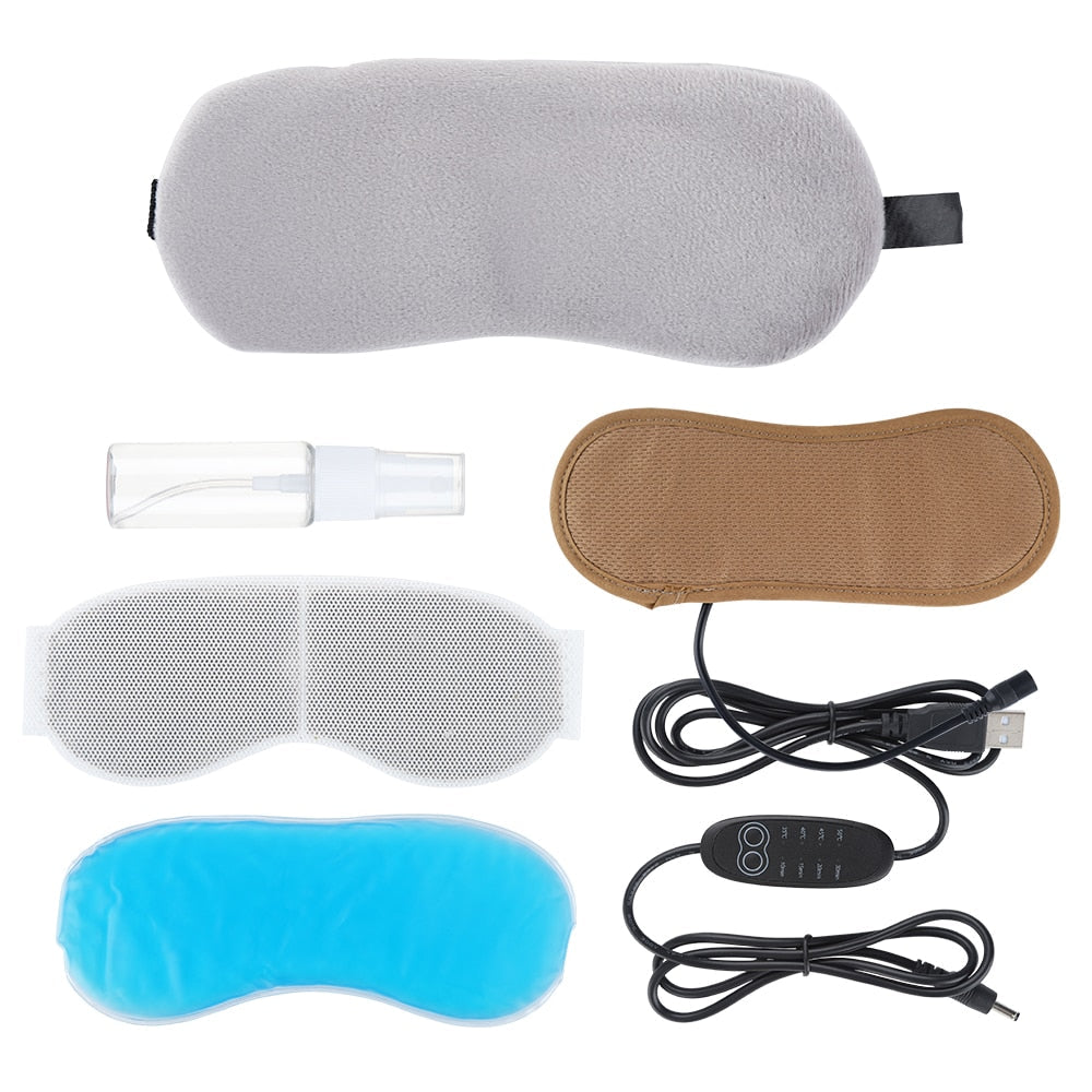 Heated Eye Mask in gray color, featuring a soft cotton exterior and a lavender stuffing bag for aroma therapy.