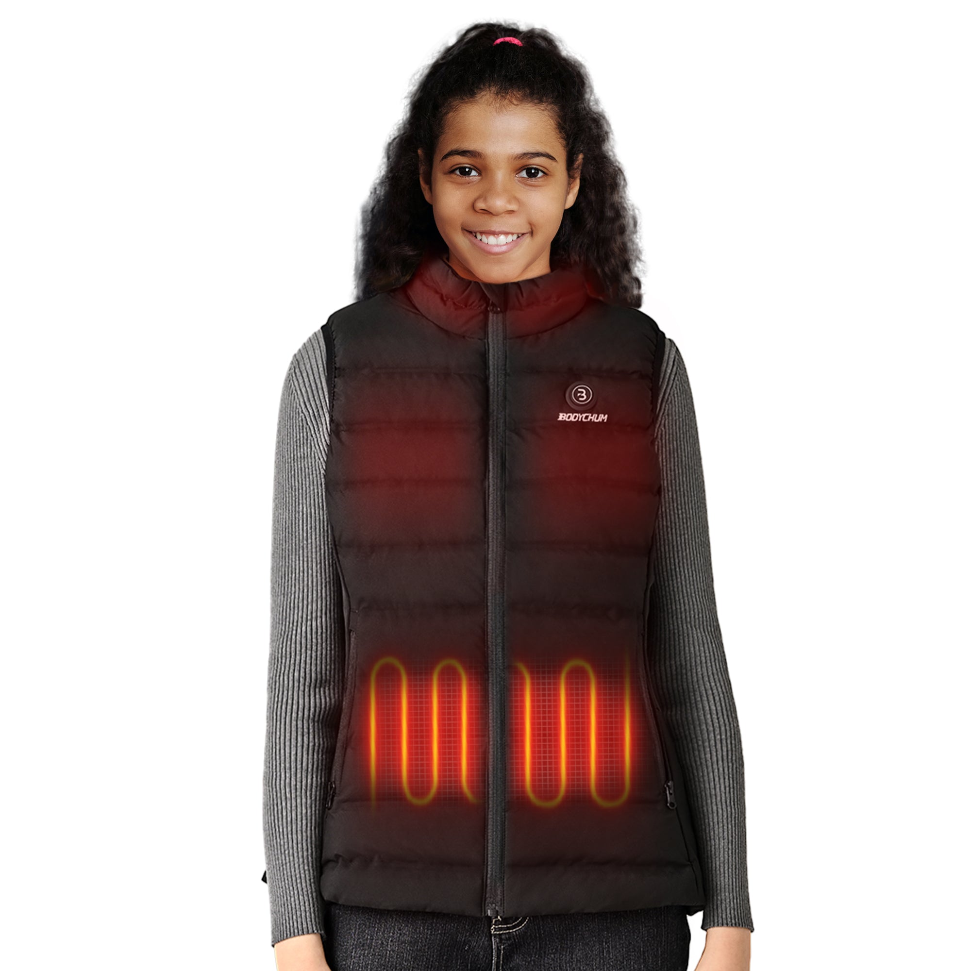 A warm and stylish heated vest for kids, featuring 6 heating zones and a battery pack, perfect for outdoor winter activities.