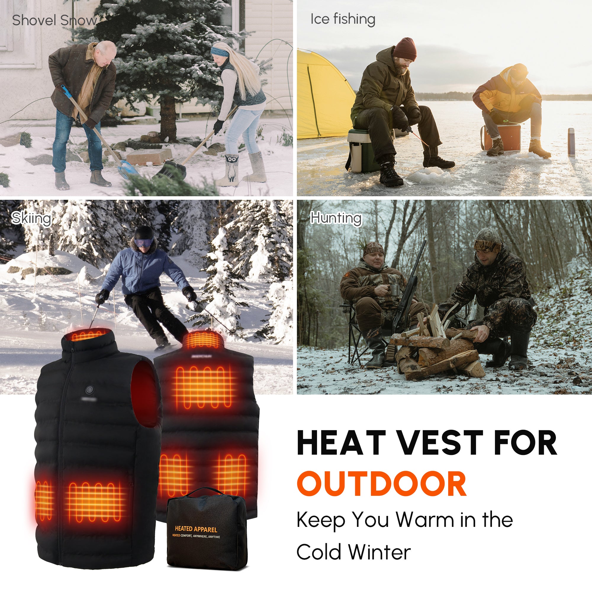 A warm and stylish heated vest for kids, featuring 6 heating zones and a battery pack, perfect for outdoor winter activities.