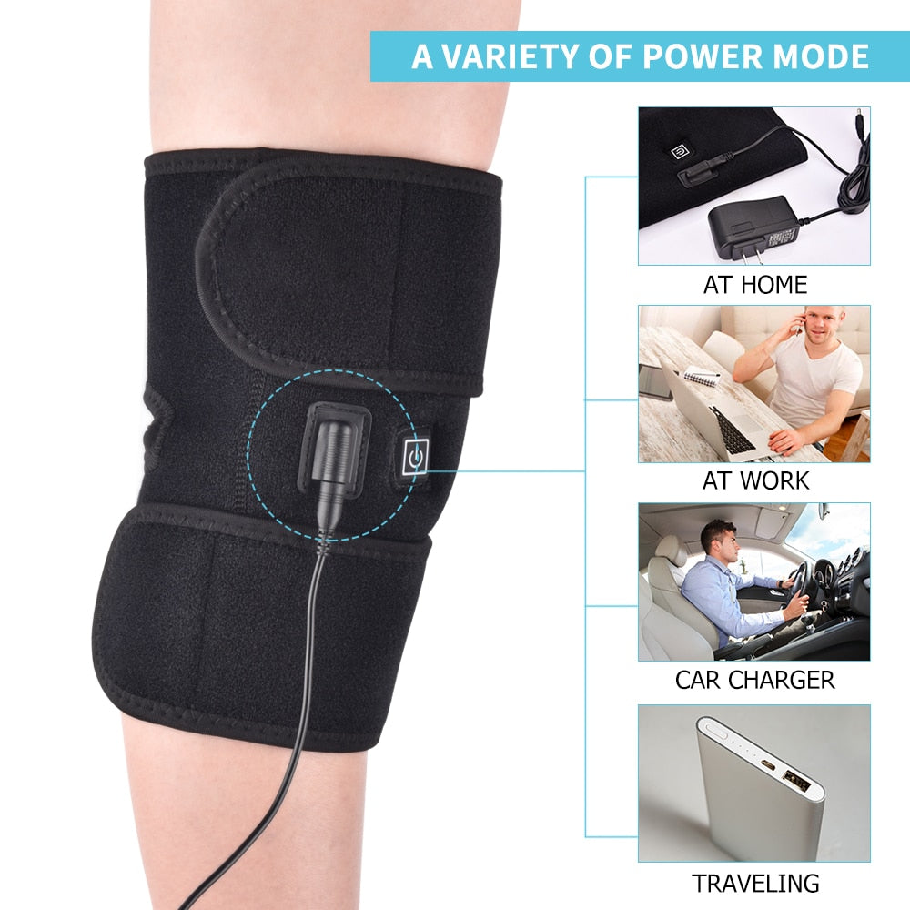 Heating knee pads designed for thermal heat therapy, featuring adjustable straps and multiple temperature settings for pain relief.