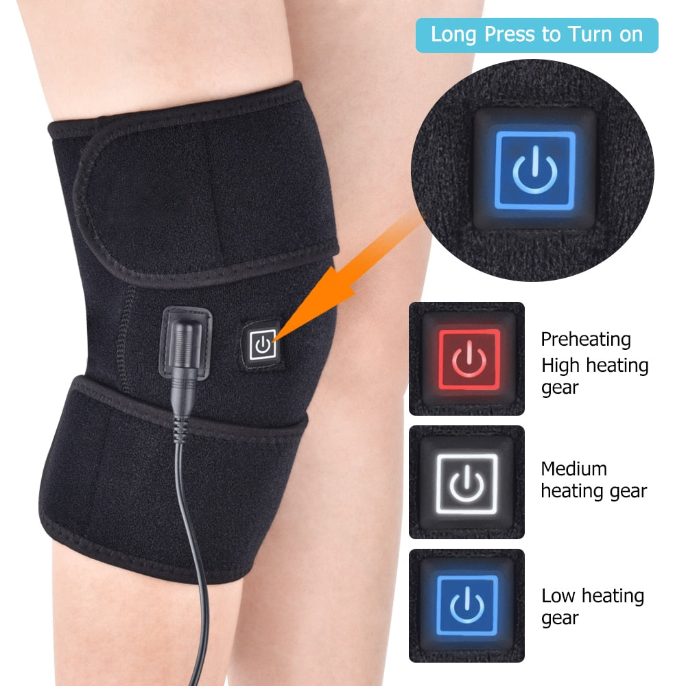 Heating knee pads designed for thermal heat therapy, featuring adjustable straps and multiple temperature settings for pain relief.