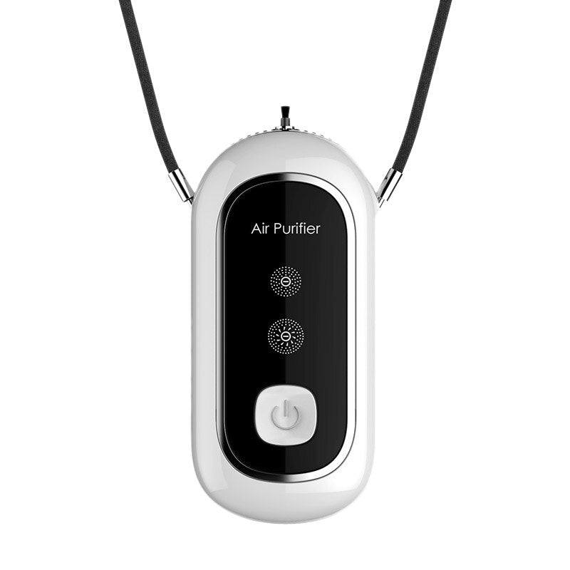 High Quality USB Portable Necklace Neck Air Purifier in black and white, designed for personal air purification with a lanyard and clip.