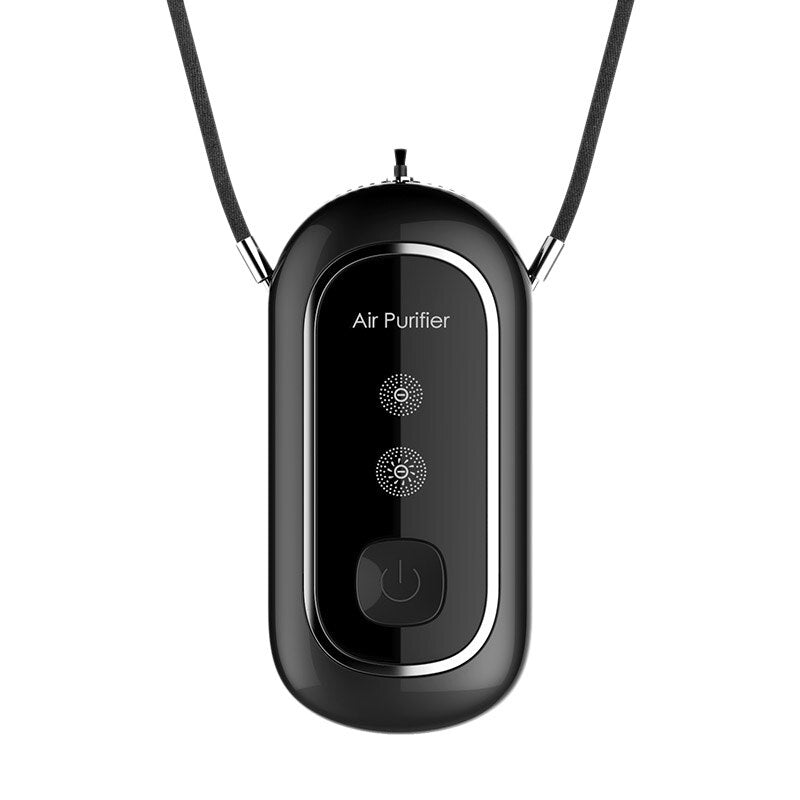 High Quality USB Portable Necklace Neck Air Purifier in black and white, designed for personal air purification with a lanyard and clip.