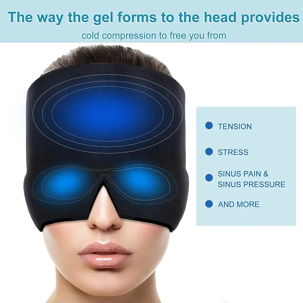 Hot & Cold Headache Therapy Cap designed for headache relief, featuring a stretchable fabric and light-blocking design for comfort and tranquility.