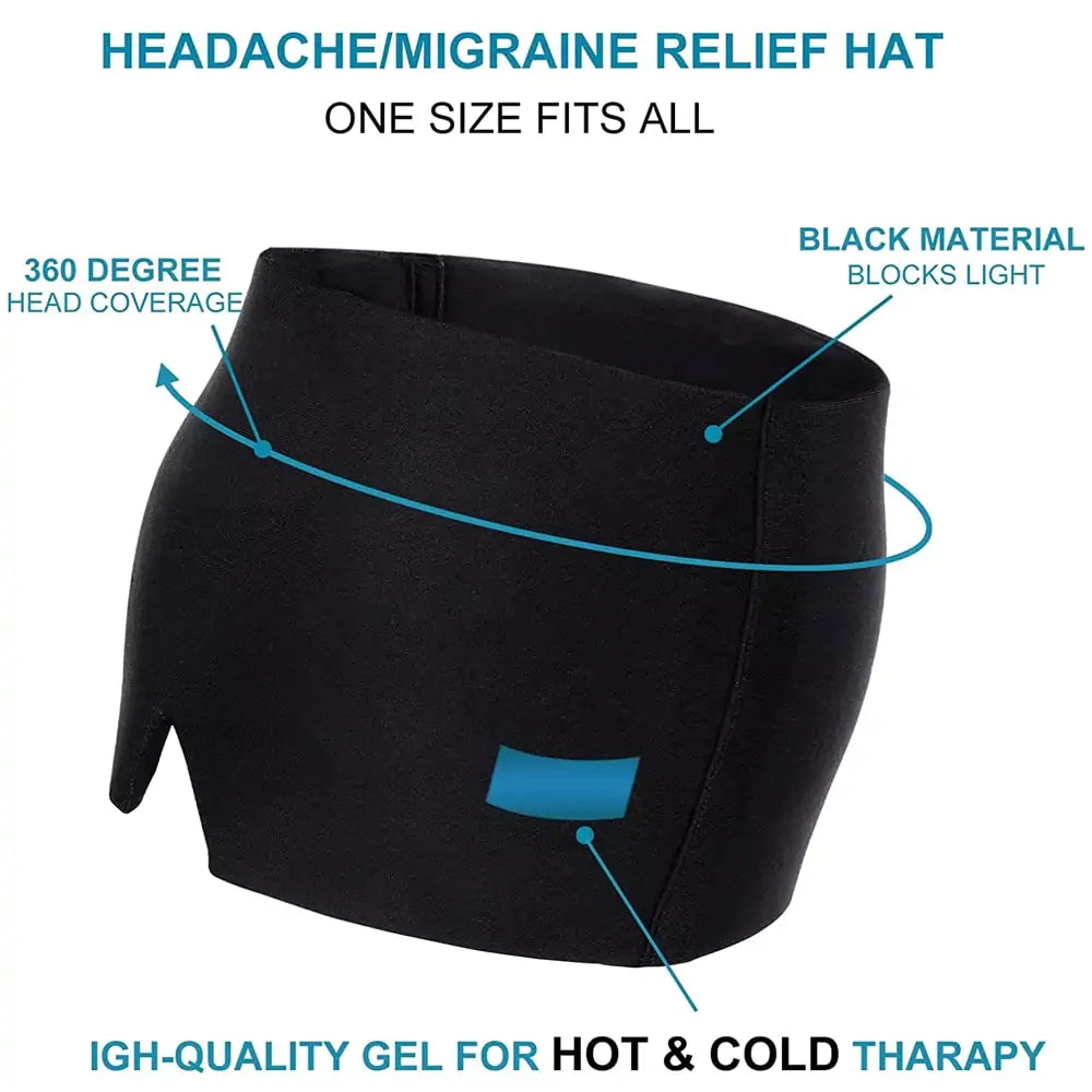 Hot & Cold Headache Therapy Cap designed for headache relief, featuring a stretchable fabric and light-blocking design for comfort and tranquility.