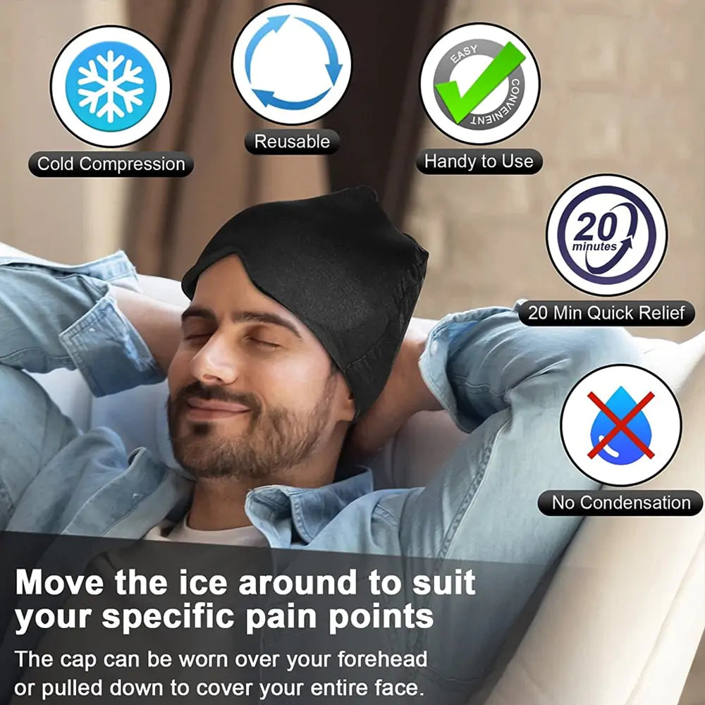 Hot & Cold Headache Therapy Cap designed for headache relief, featuring a stretchable fabric and light-blocking design for comfort and tranquility.