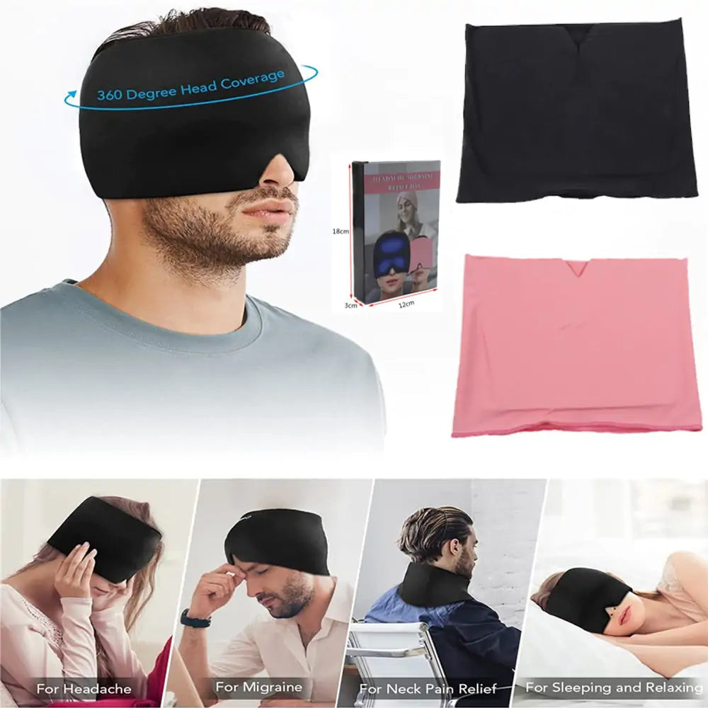 Hot & Cold Headache Therapy Cap designed for headache relief, featuring a stretchable fabric and light-blocking design for comfort and tranquility.