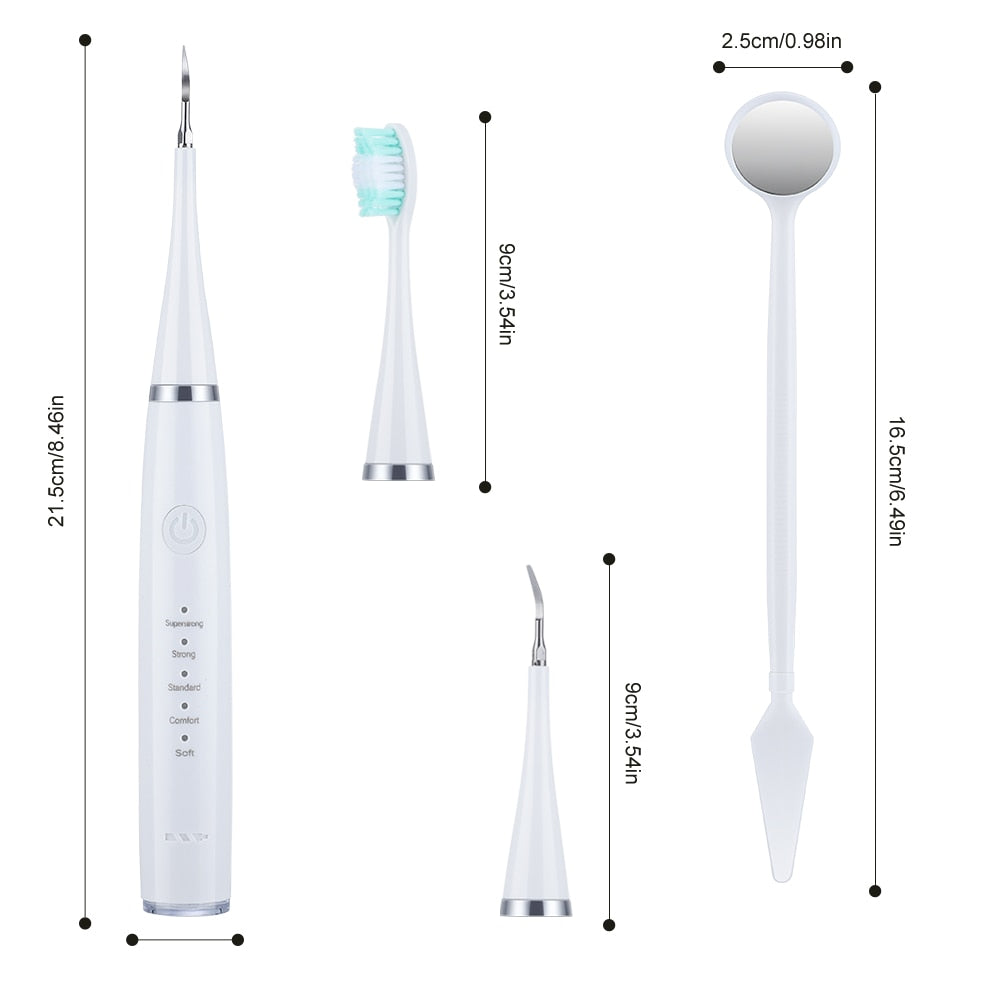 Household Rechargeable Dental Scaler in white color with multiple accessories including toothbrush heads and USB charging cable.