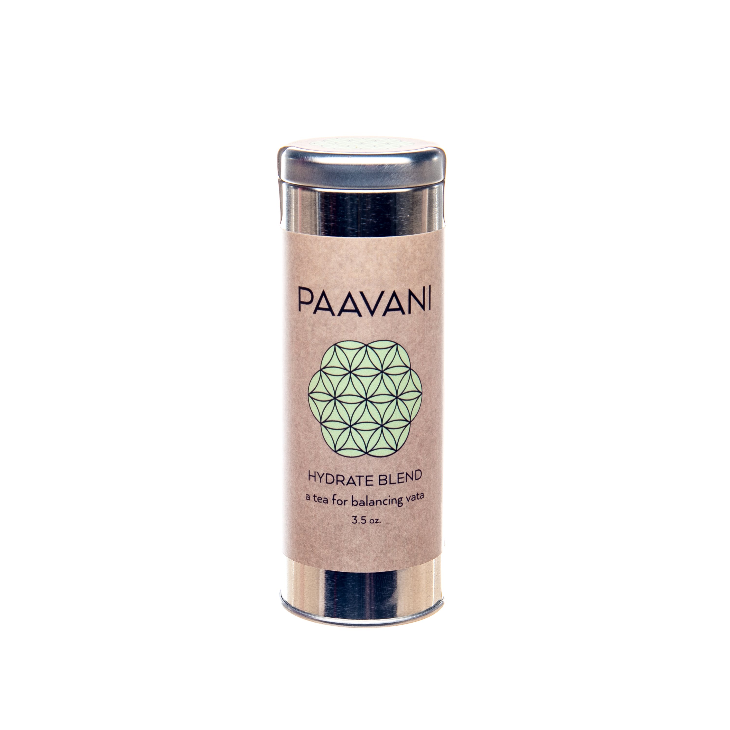 A metal canister of Hydrate Blend Tea featuring Ayurvedic herbs like Ashwagandha, Shatavari, Licorice, and Cinnamon, designed for hydration and wellness.