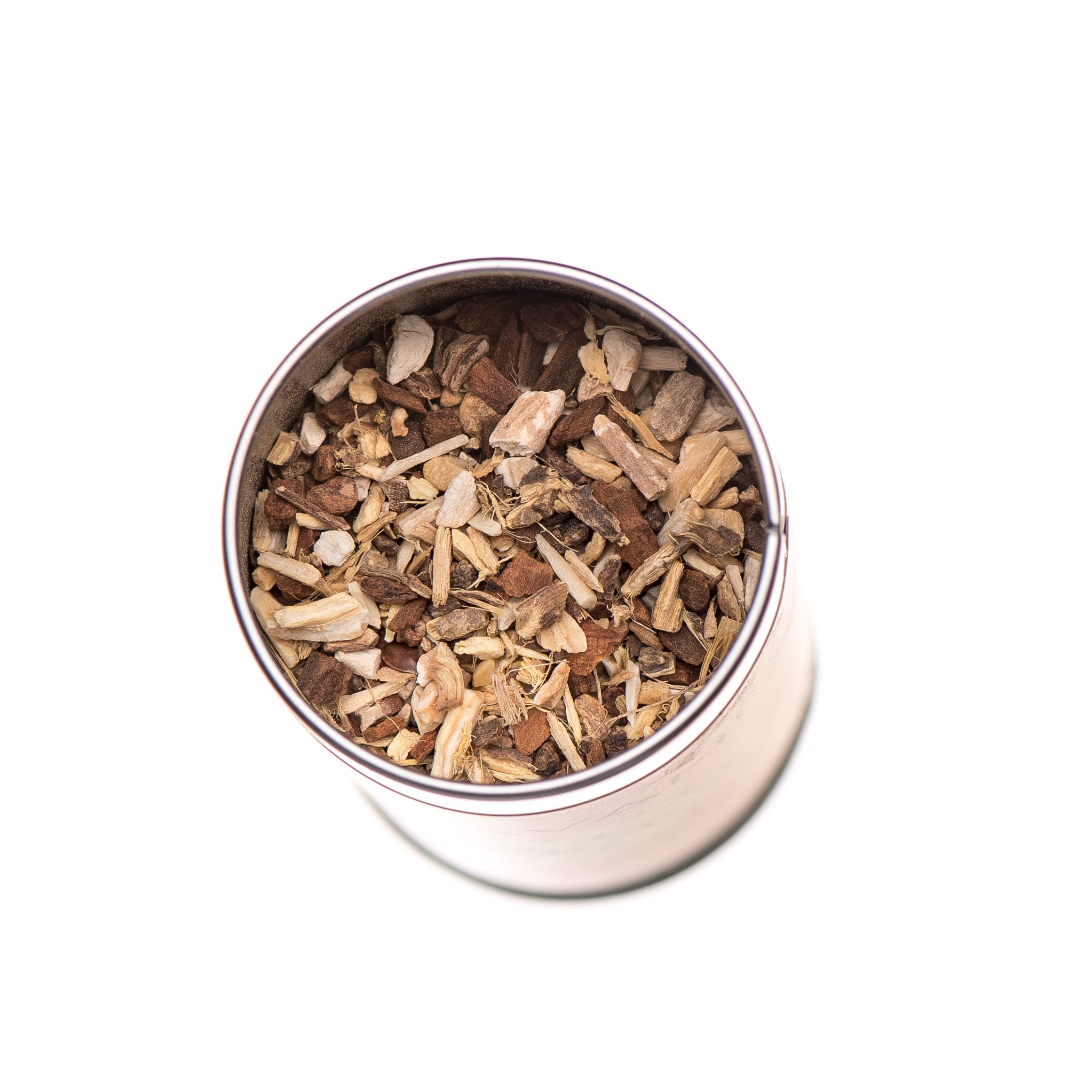 A metal canister of Hydrate Blend Tea featuring Ayurvedic herbs like Ashwagandha, Shatavari, Licorice, and Cinnamon, designed for hydration and wellness.