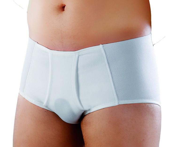 INGUINAL HERNIA SPORT BRIEF in medium height, designed for comfort and support, featuring anatomically shaped foam pads for hernia relief.