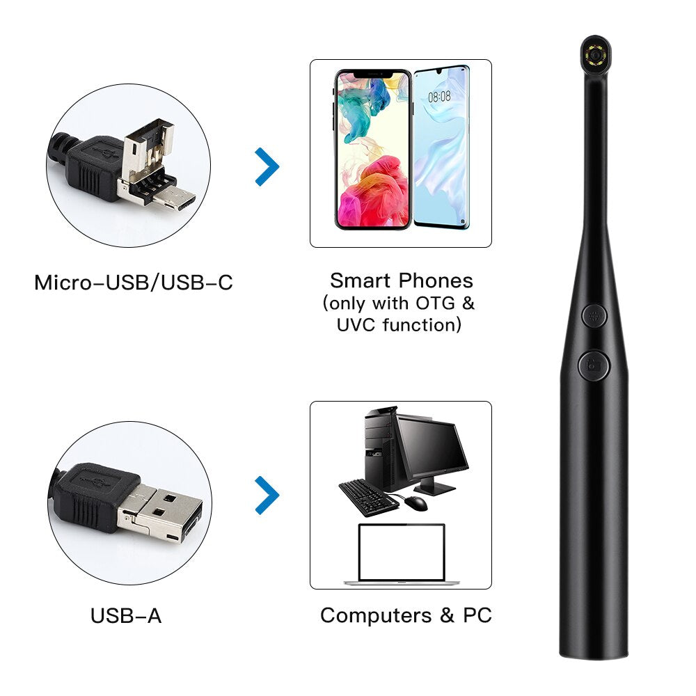 Intraoral Dental Camera Endoscope with USB connection, showcasing its ergonomic design and adjustable LED lights.