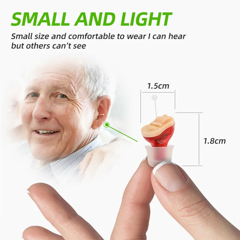 Invisible hearing aids designed for comfort and clarity, resembling a Bluetooth headset for discreet use.