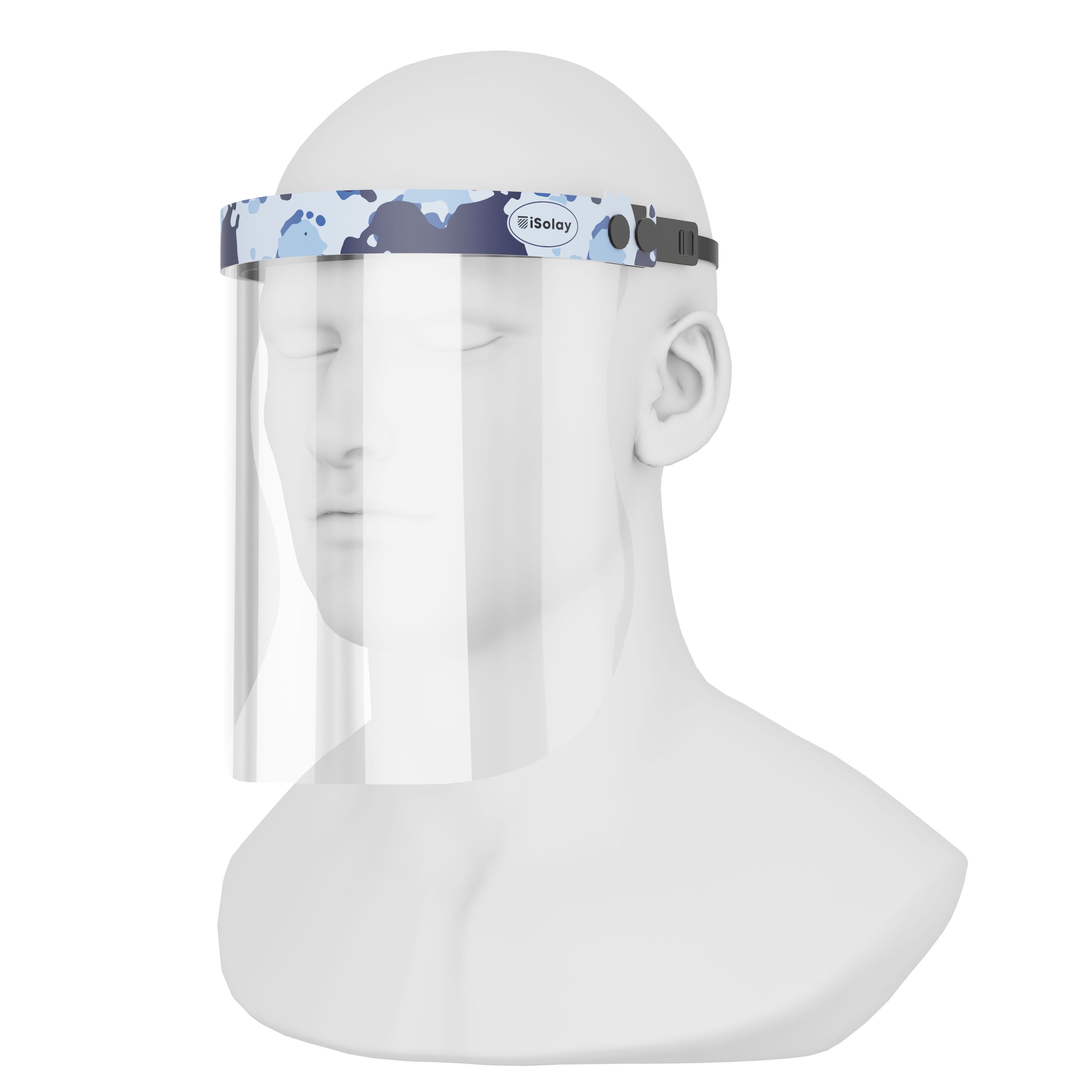 iSolay Face Shield Air Camouflage featuring a stylish design suitable for adults and kids, with adjustable features and comfortable padding.