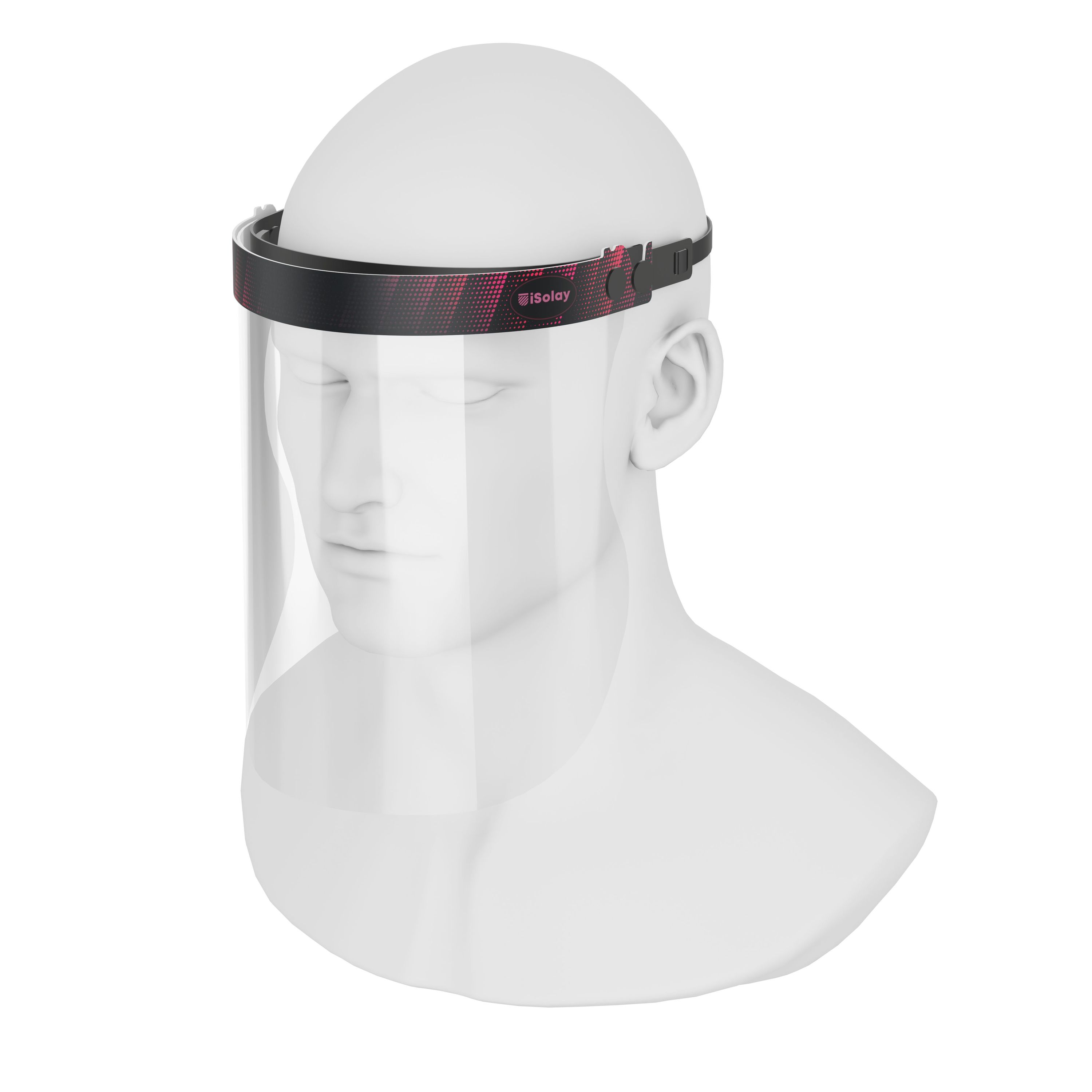 iSolay Face Shield in black and red, featuring a transparent visor, adjustable front cover, and comfortable foam padding, suitable for adults and kids.