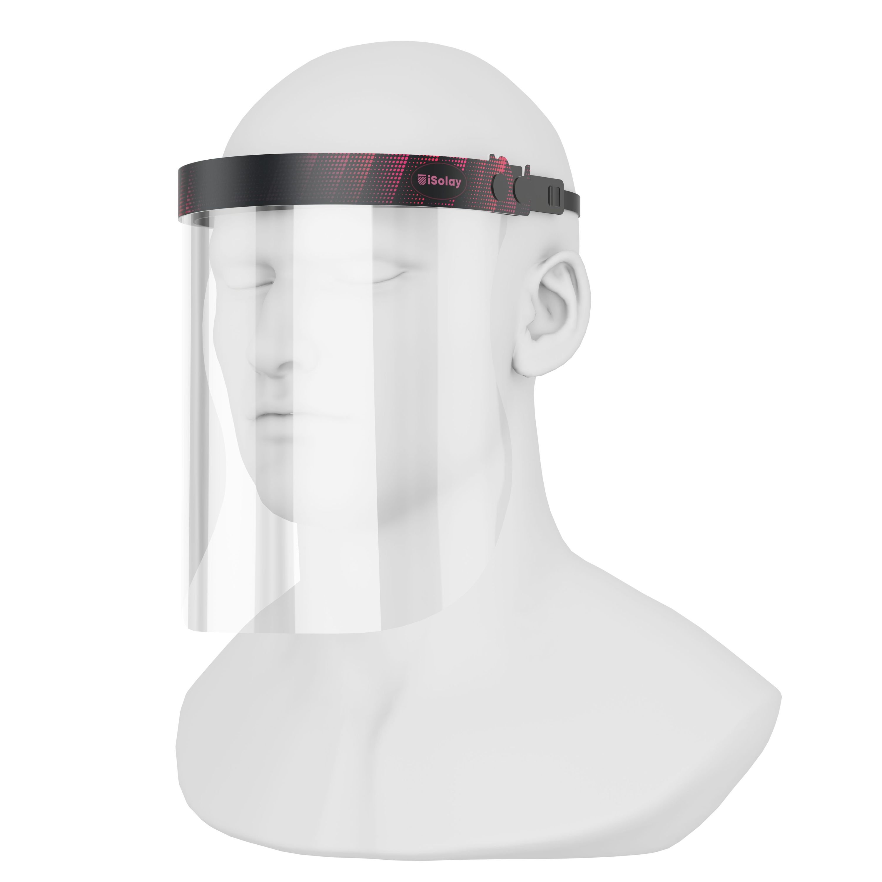 iSolay Face Shield in black and red, featuring a transparent visor, adjustable front cover, and comfortable foam padding, suitable for adults and kids.