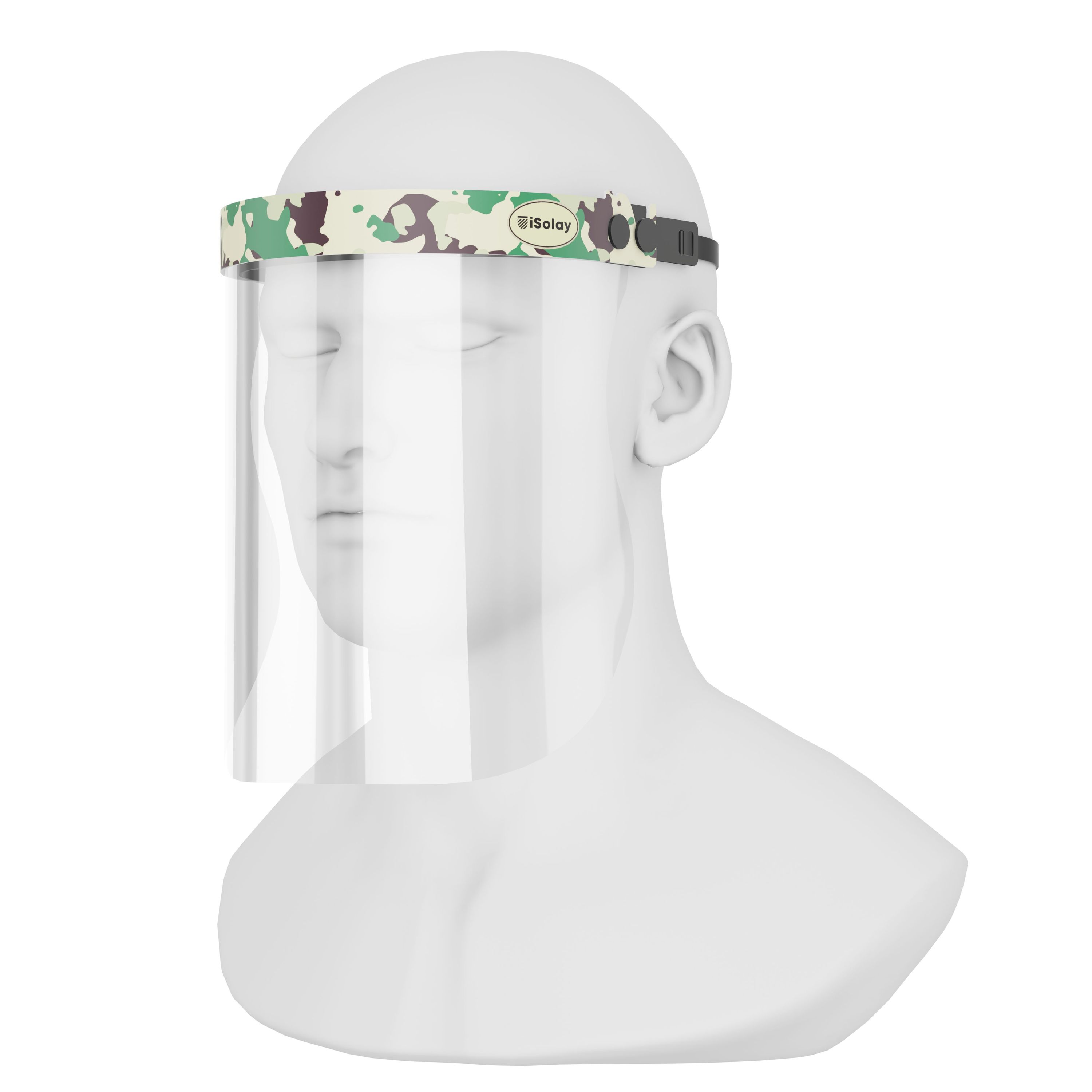 iSolay Face Shield Camouflage featuring a stylish design, adjustable front cover, and comfortable foam padding for optimal protection.