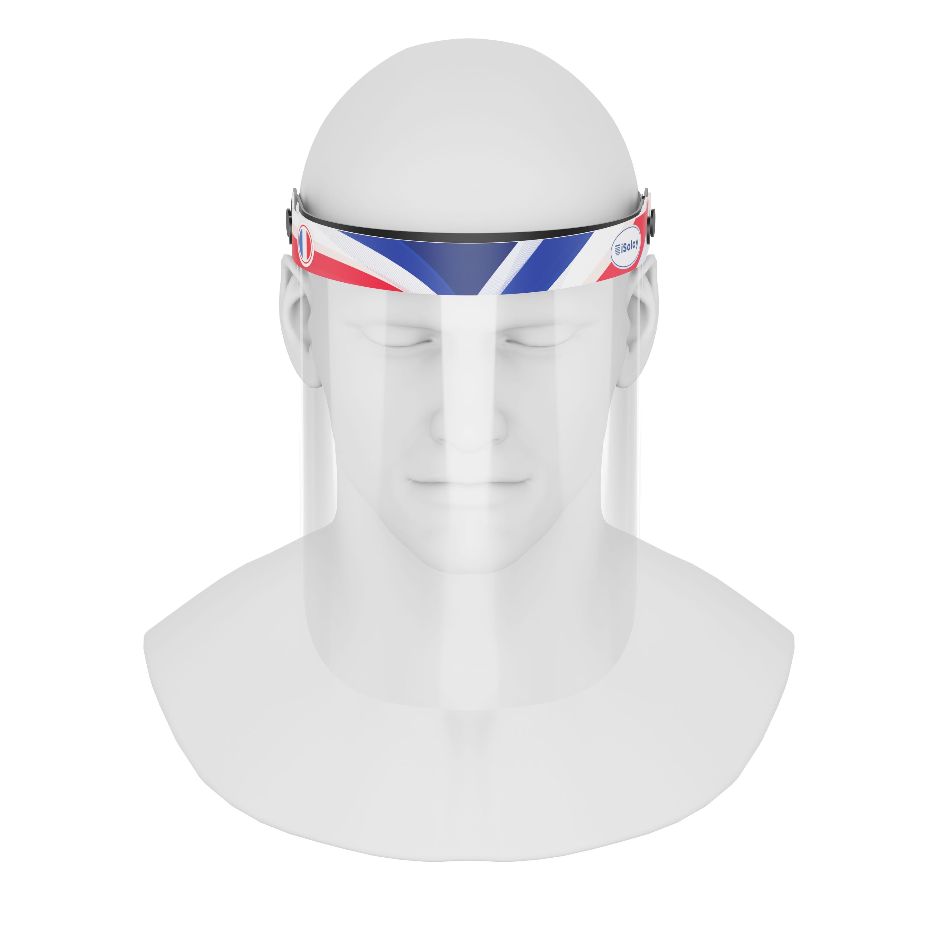 iSolay Face Shield France featuring a classic design, adjustable front cover, and comfortable foam padding, suitable for adults and kids.