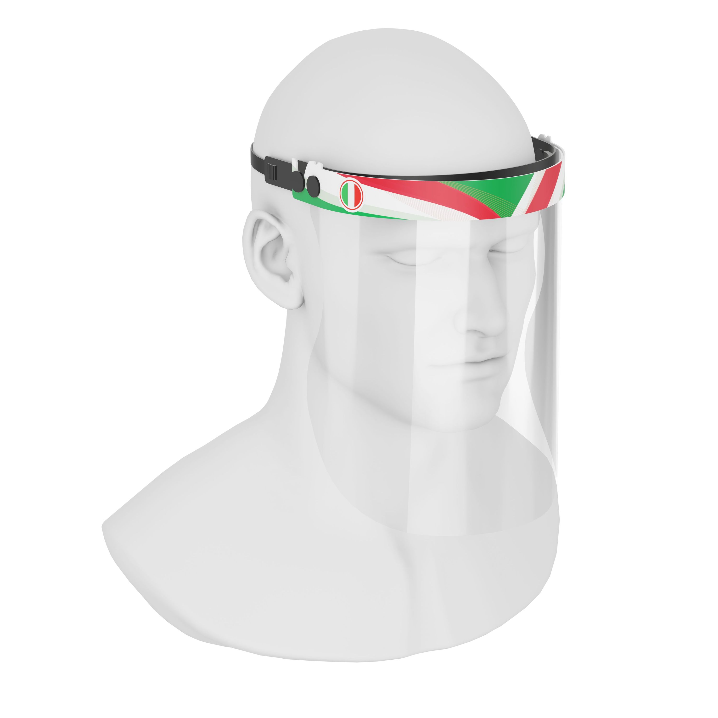 iSolay Face Shield Italy featuring a transparent design, adjustable front cover, and comfortable foam padding, suitable for adults and kids.