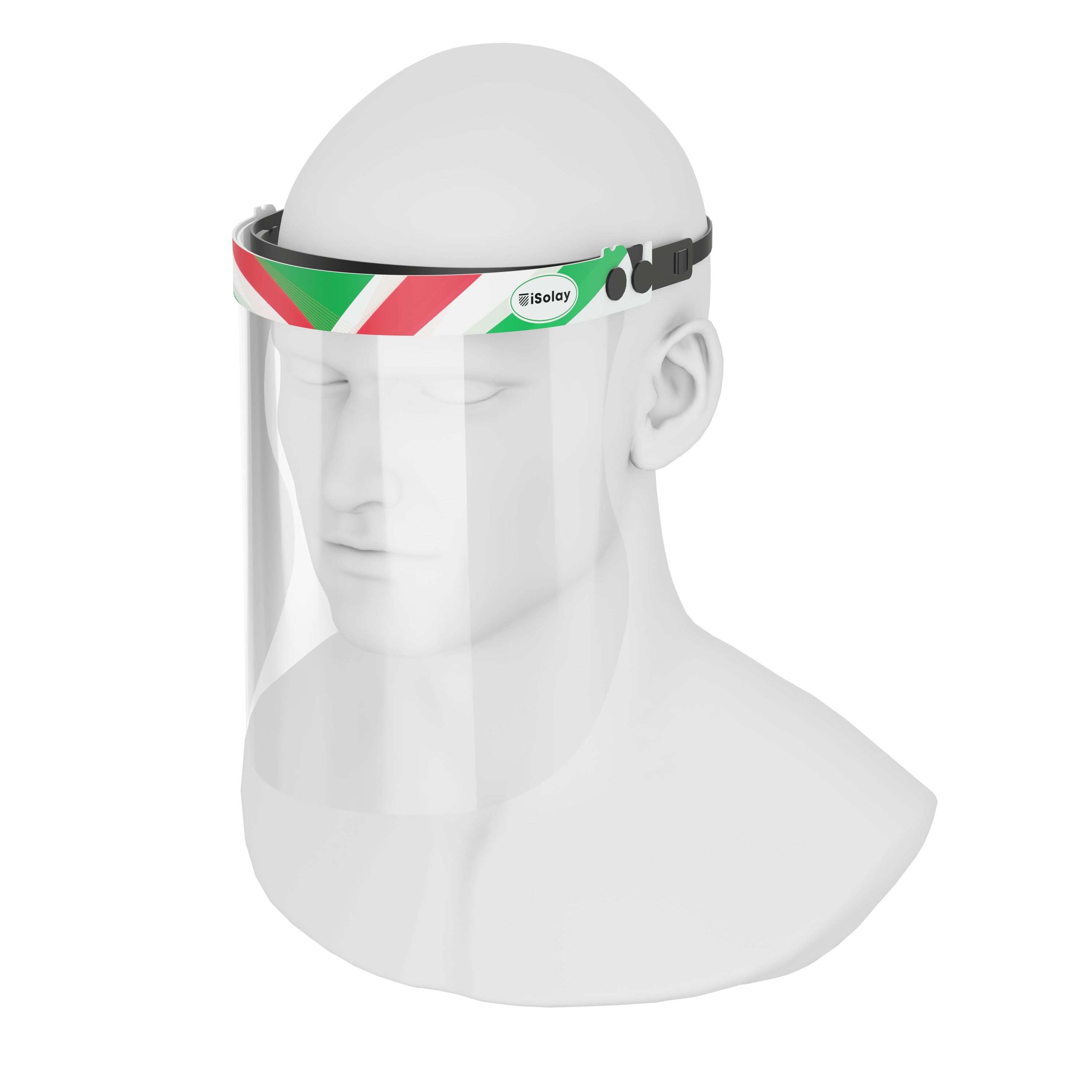 iSolay Face Shield Italy featuring a transparent design, adjustable front cover, and comfortable foam padding, suitable for adults and kids.