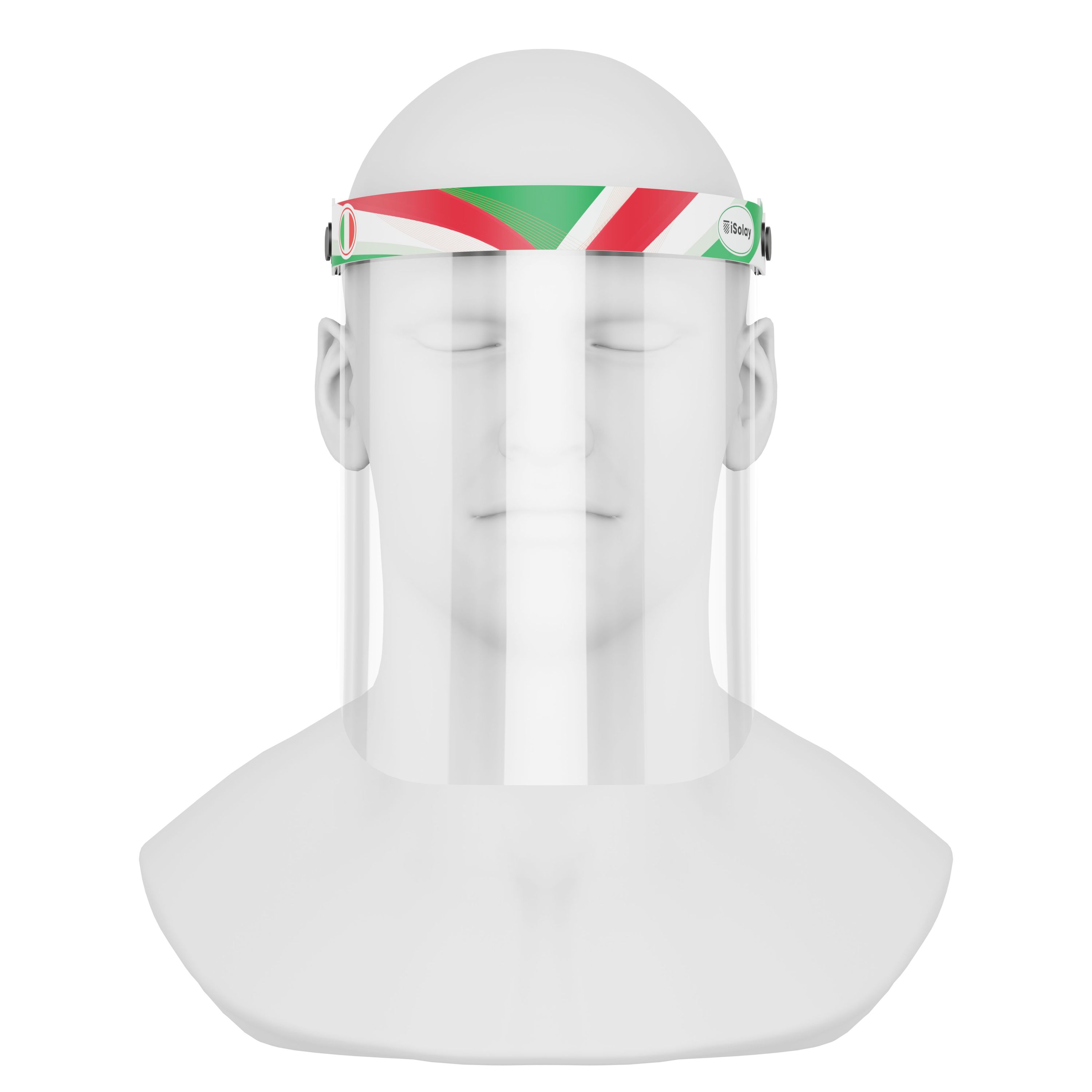 iSolay Face Shield Italy featuring a transparent design, adjustable front cover, and comfortable foam padding, suitable for adults and kids.