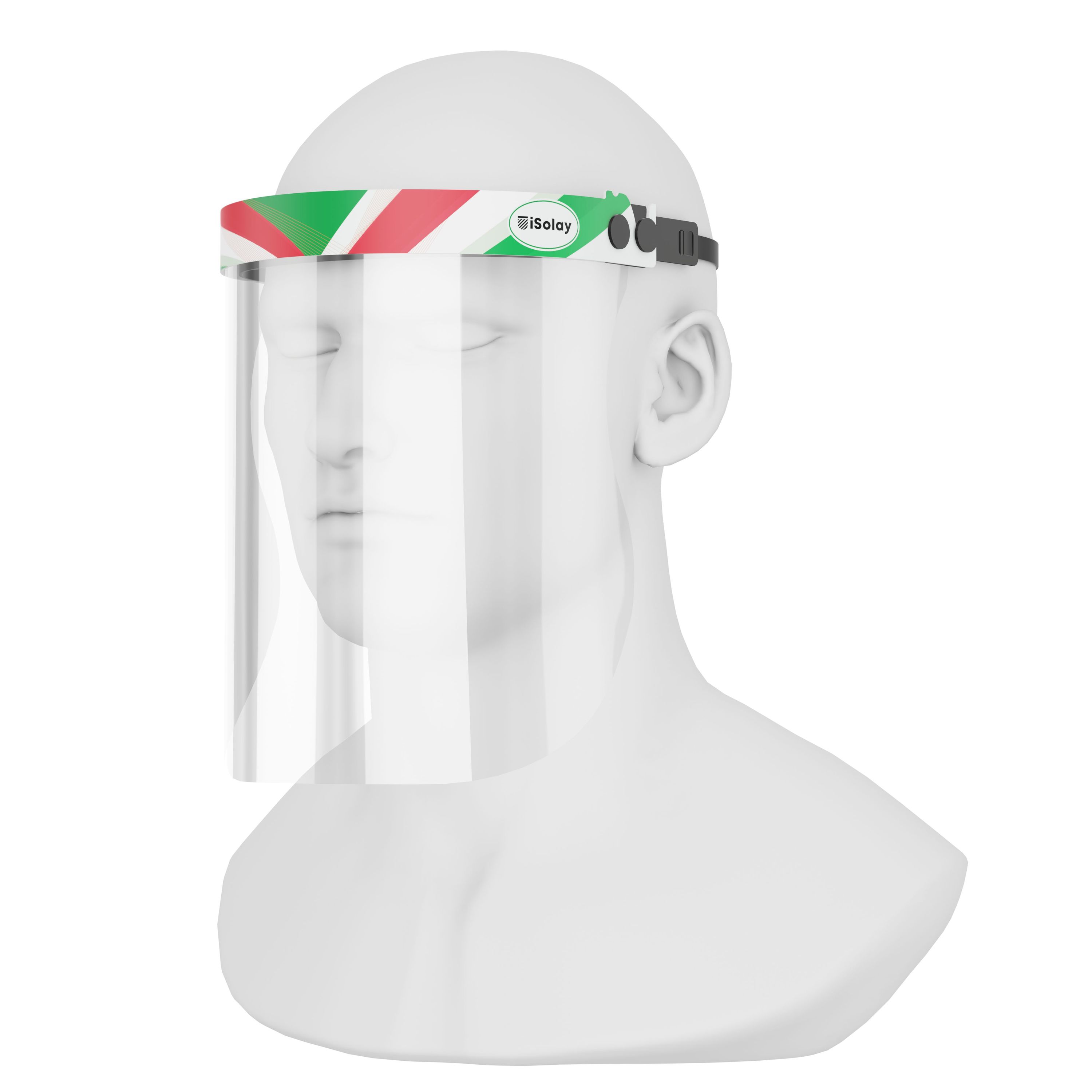 iSolay Face Shield Italy featuring a transparent design, adjustable front cover, and comfortable foam padding, suitable for adults and kids.