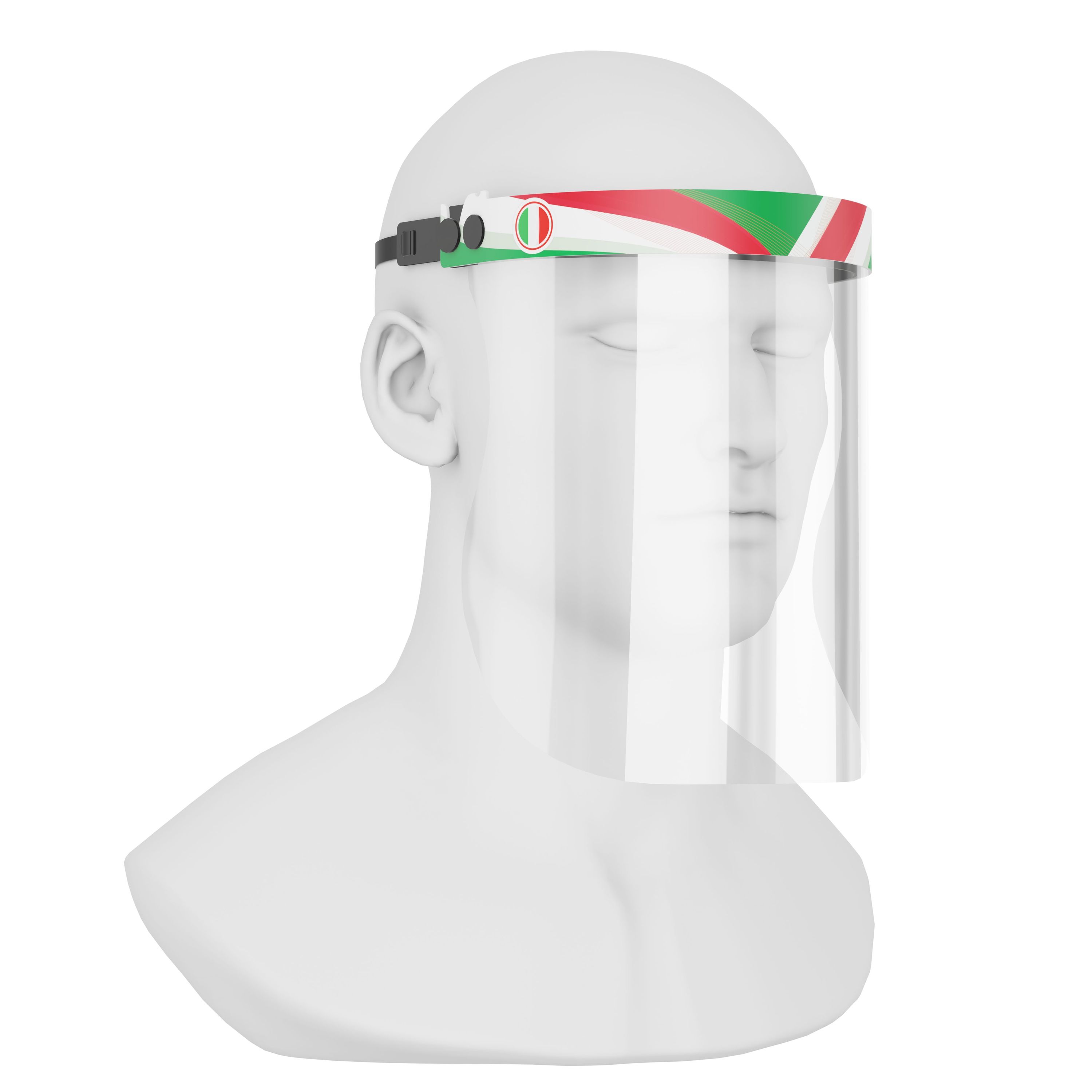 iSolay Face Shield Italy featuring a transparent design, adjustable front cover, and comfortable foam padding, suitable for adults and kids.