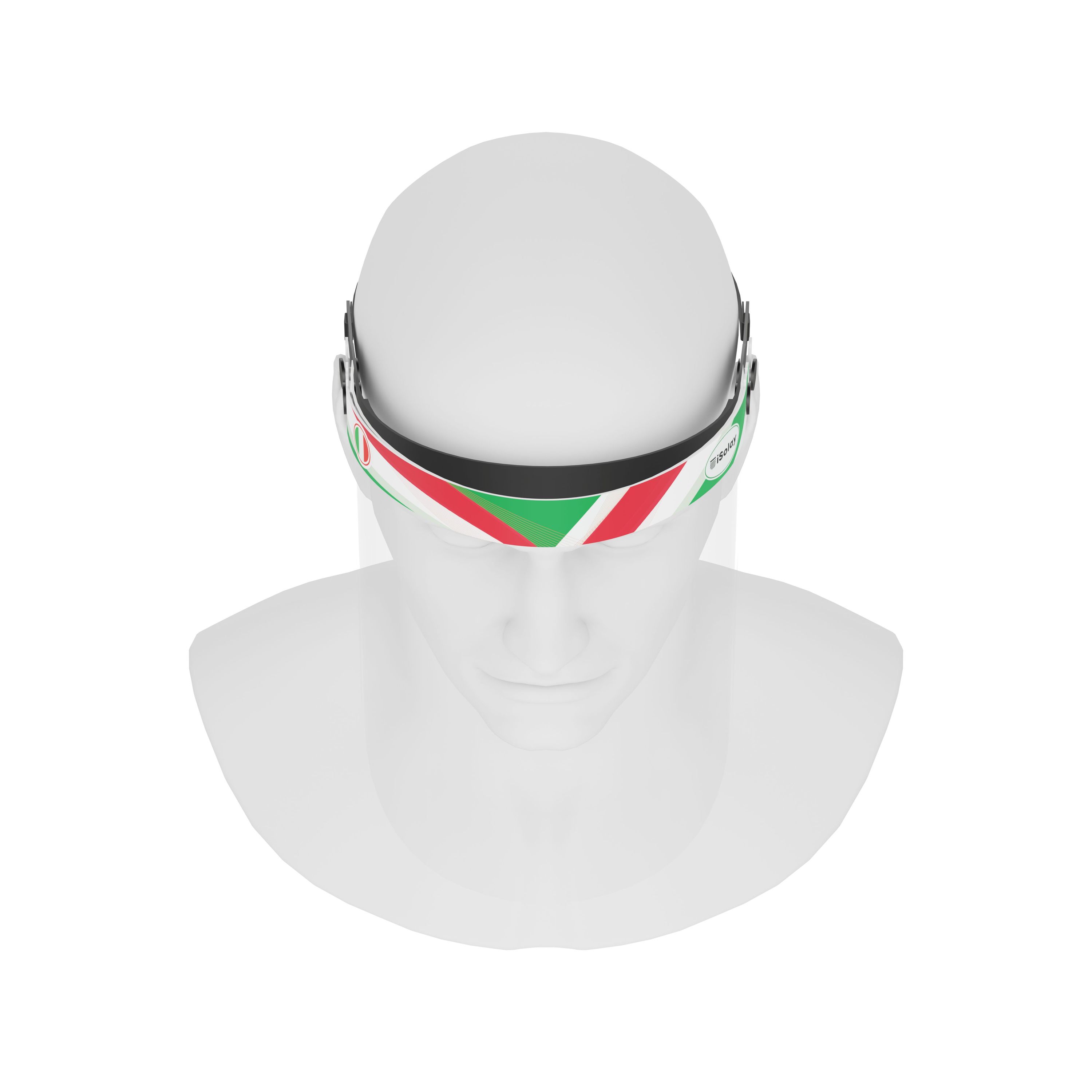 iSolay Face Shield Italy featuring a transparent design, adjustable front cover, and comfortable foam padding, suitable for adults and kids.