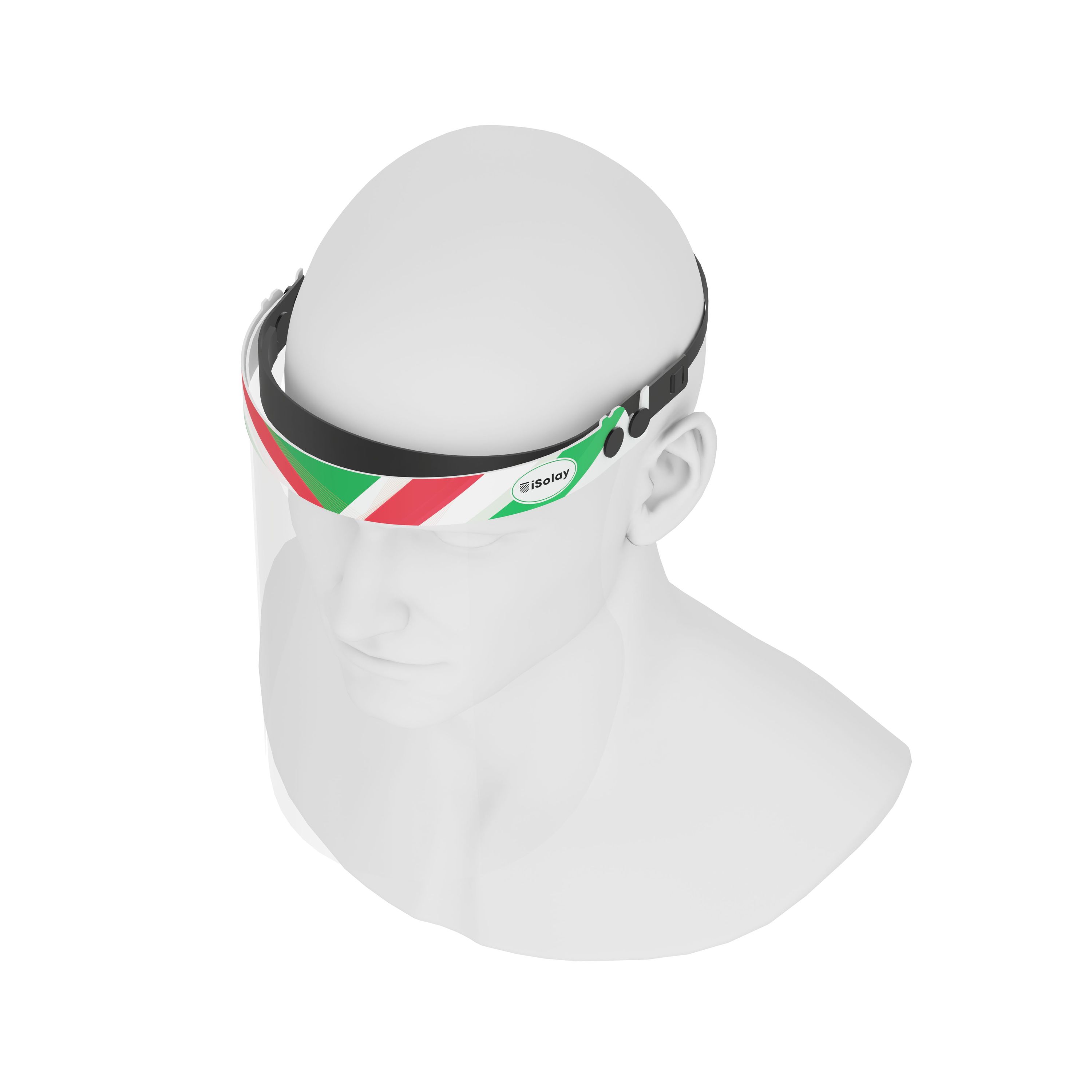 iSolay Face Shield Italy featuring a transparent design, adjustable front cover, and comfortable foam padding, suitable for adults and kids.