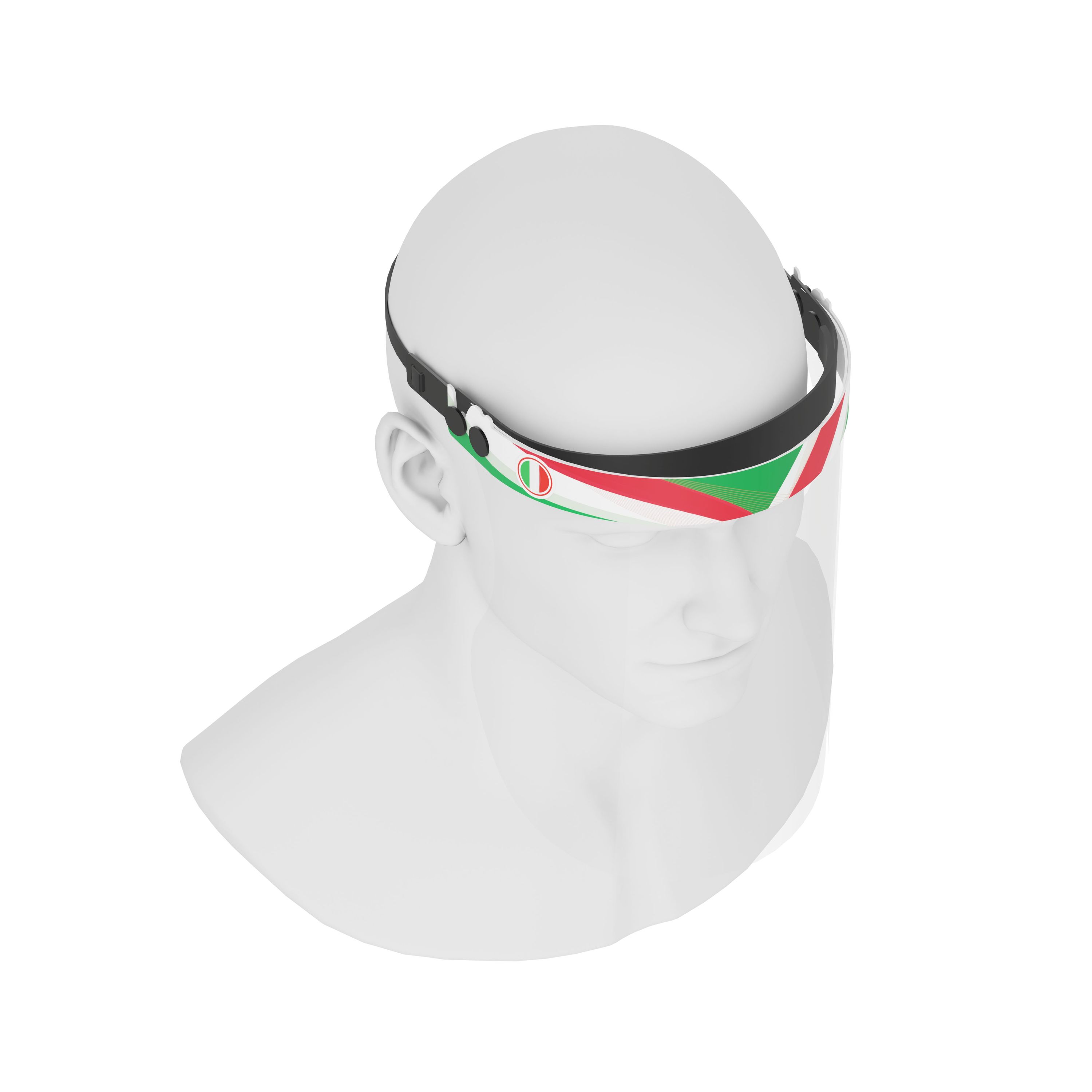 iSolay Face Shield Italy featuring a transparent design, adjustable front cover, and comfortable foam padding, suitable for adults and kids.