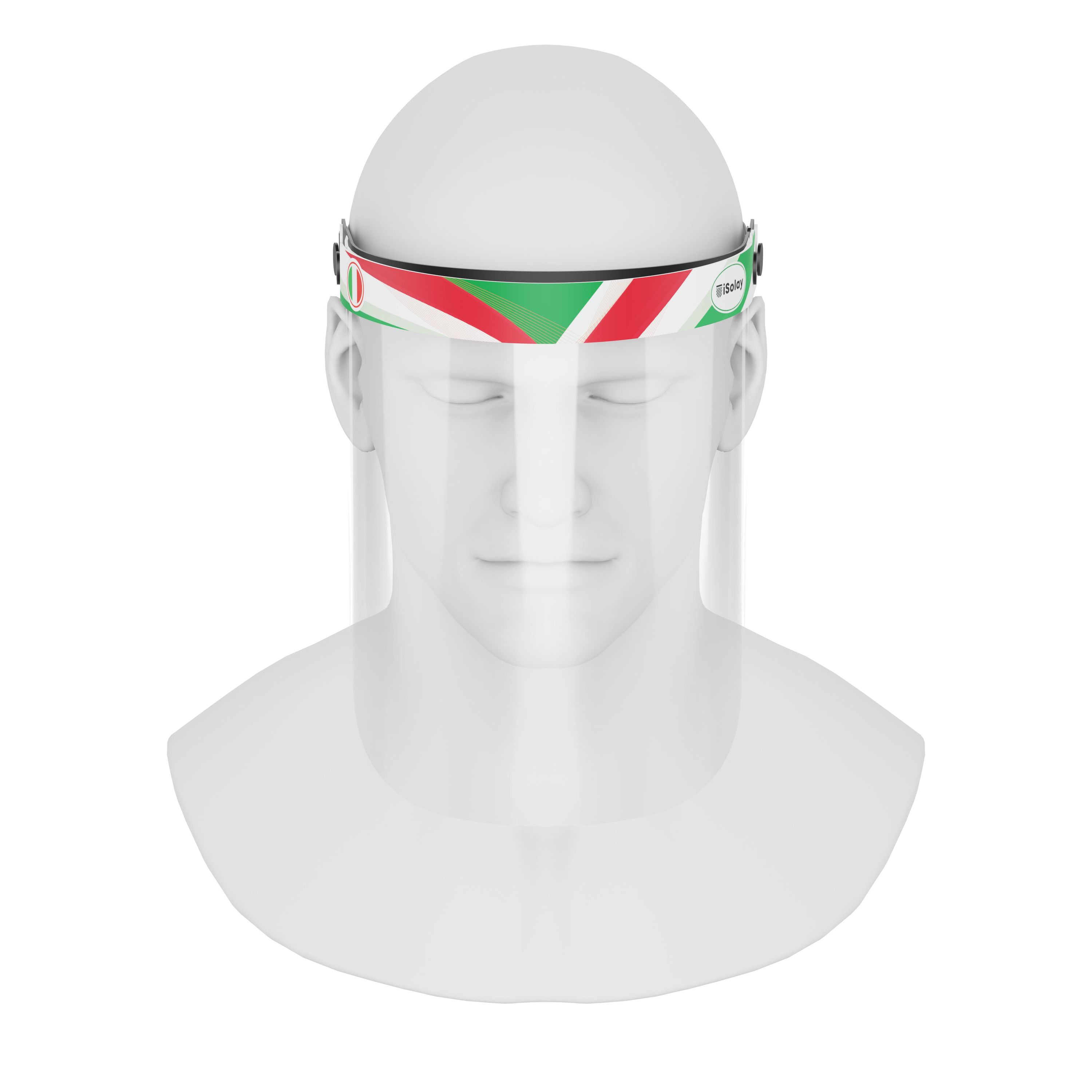 iSolay Face Shield Italy featuring a transparent design, adjustable front cover, and comfortable foam padding, suitable for adults and kids.