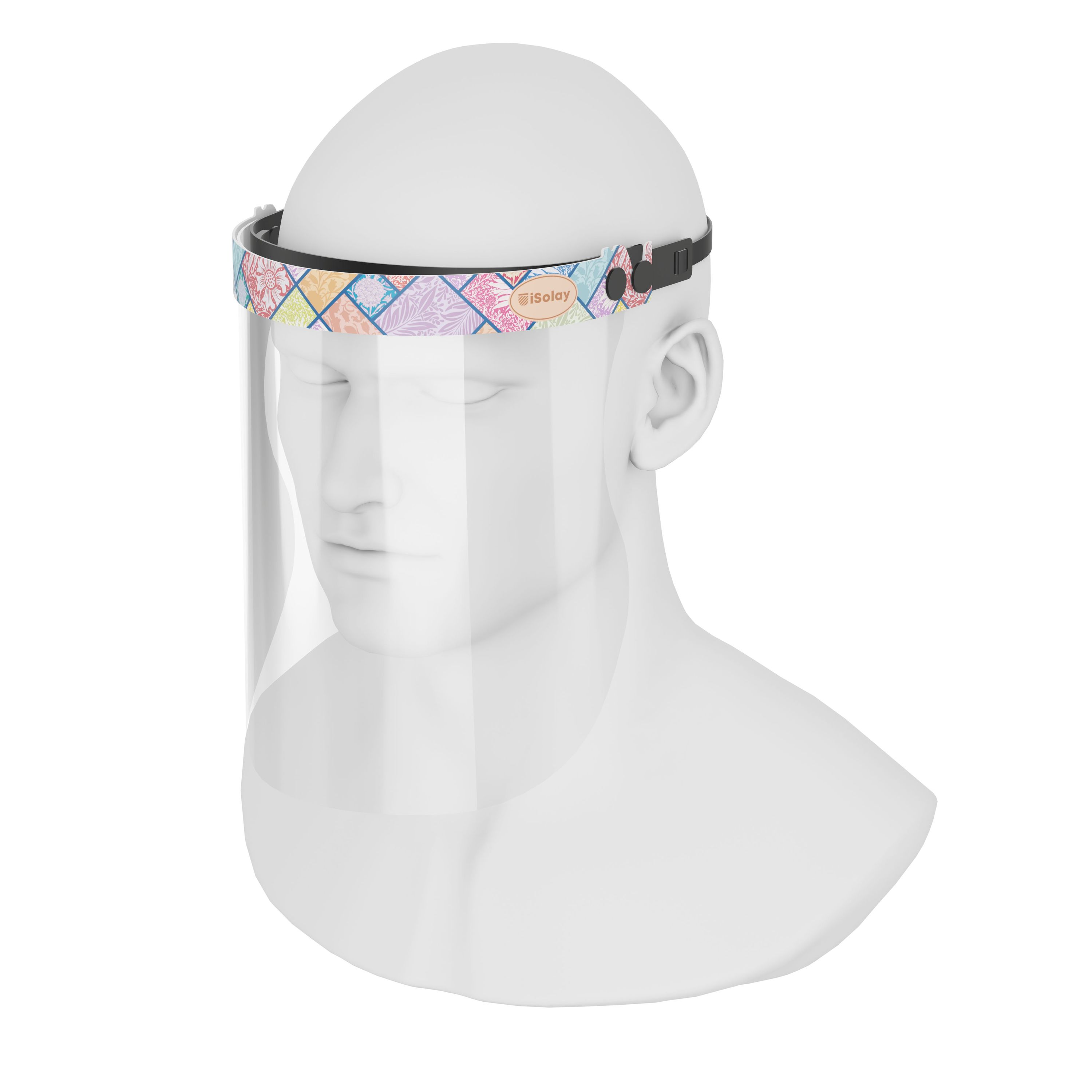 iSolay Face Shield My Flower Garden featuring a floral design, adjustable fit, and comfortable foam padding for all-day wear.