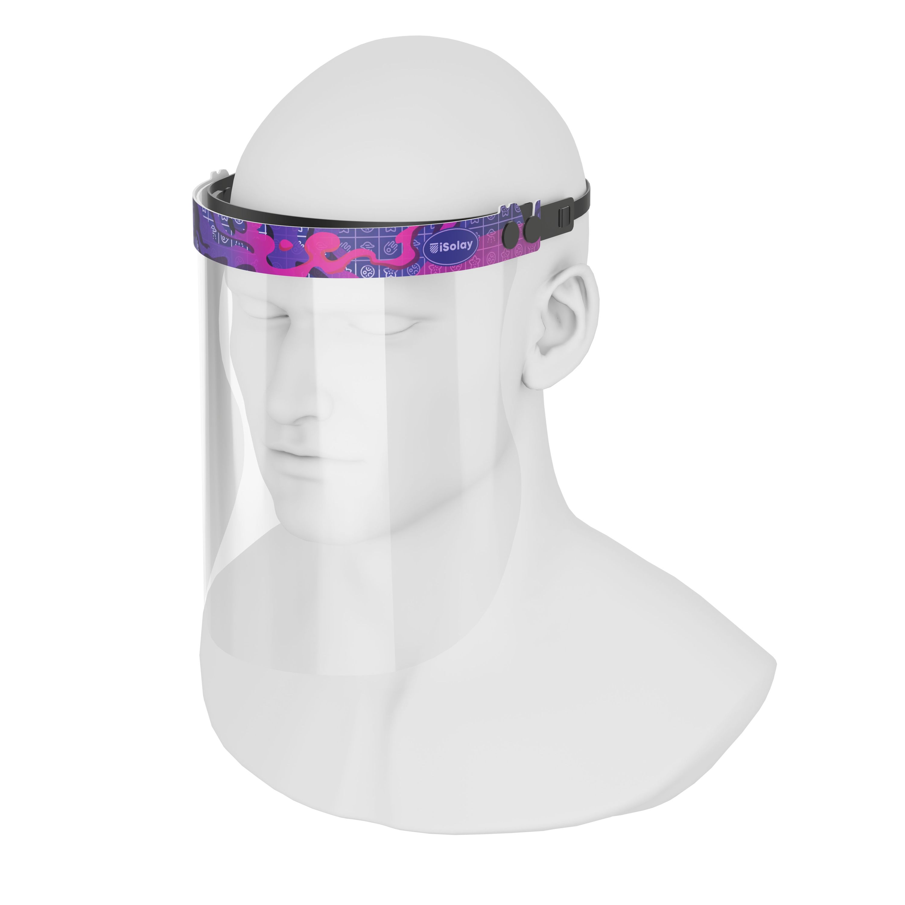 iSolay Face Shield in Purple Dreams design, featuring a transparent visor with adjustable elastic band and foam padding for comfort.