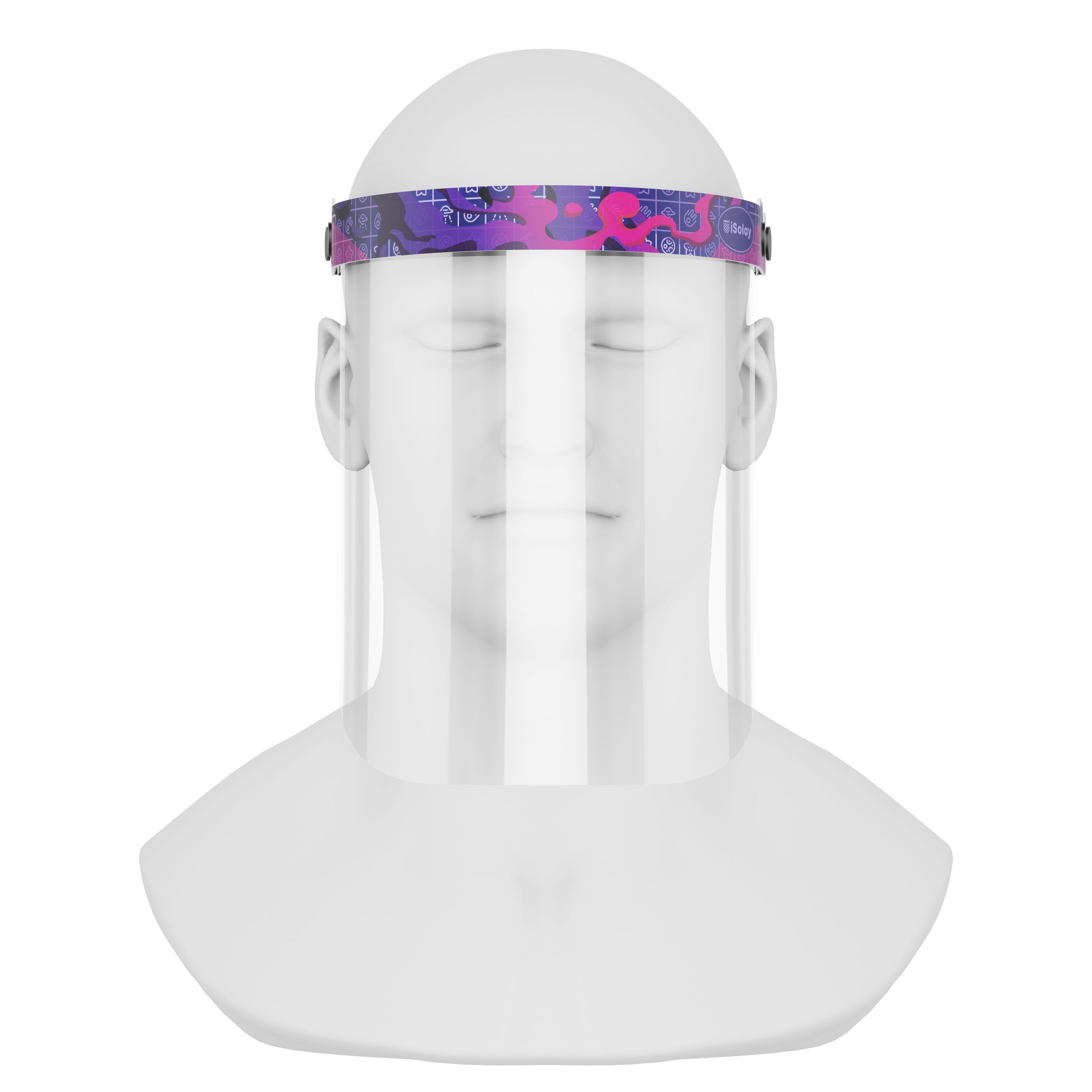 iSolay Face Shield in Purple Dreams design, featuring a transparent visor with adjustable elastic band and foam padding for comfort.