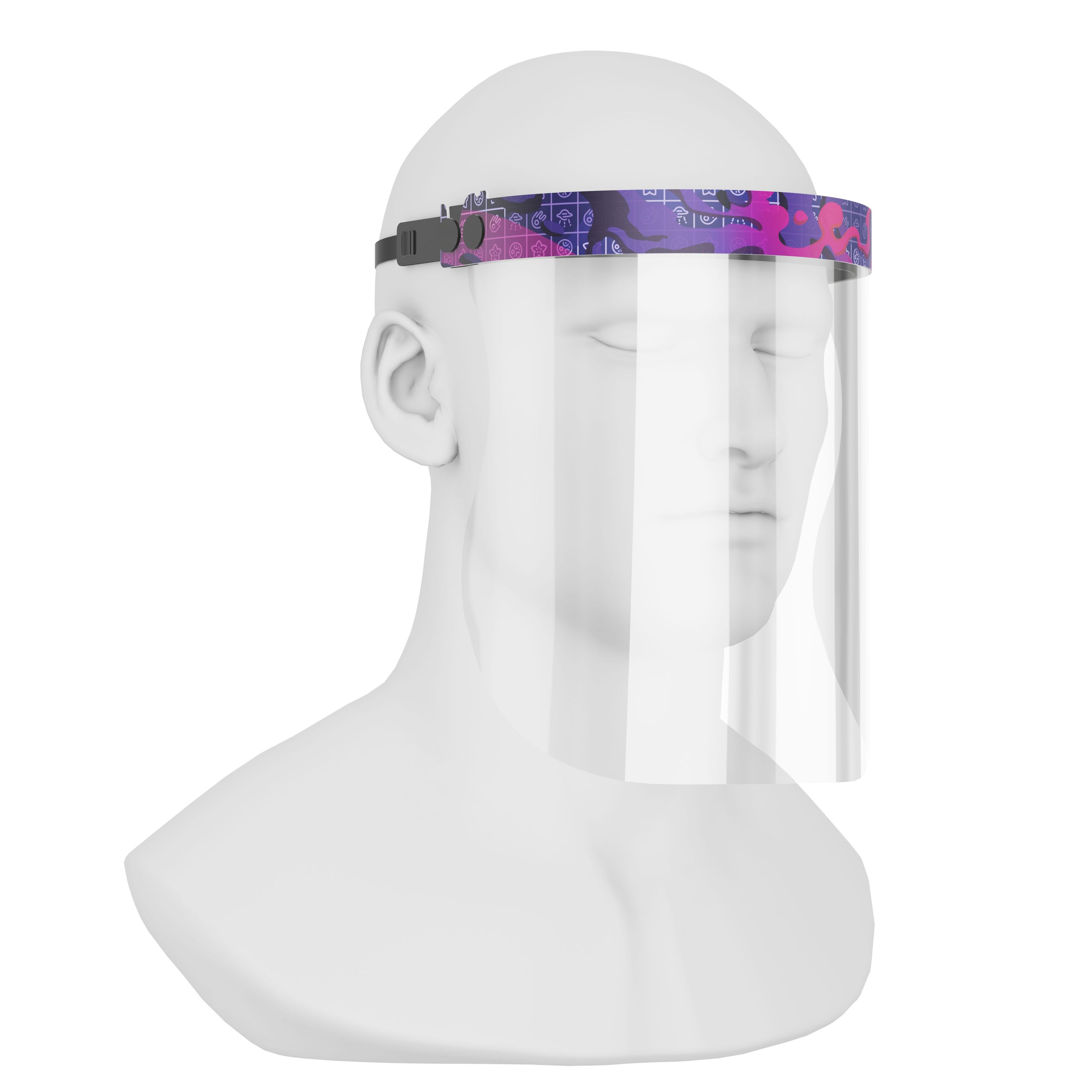 iSolay Face Shield in Purple Dreams design, featuring a transparent visor with adjustable elastic band and foam padding for comfort.