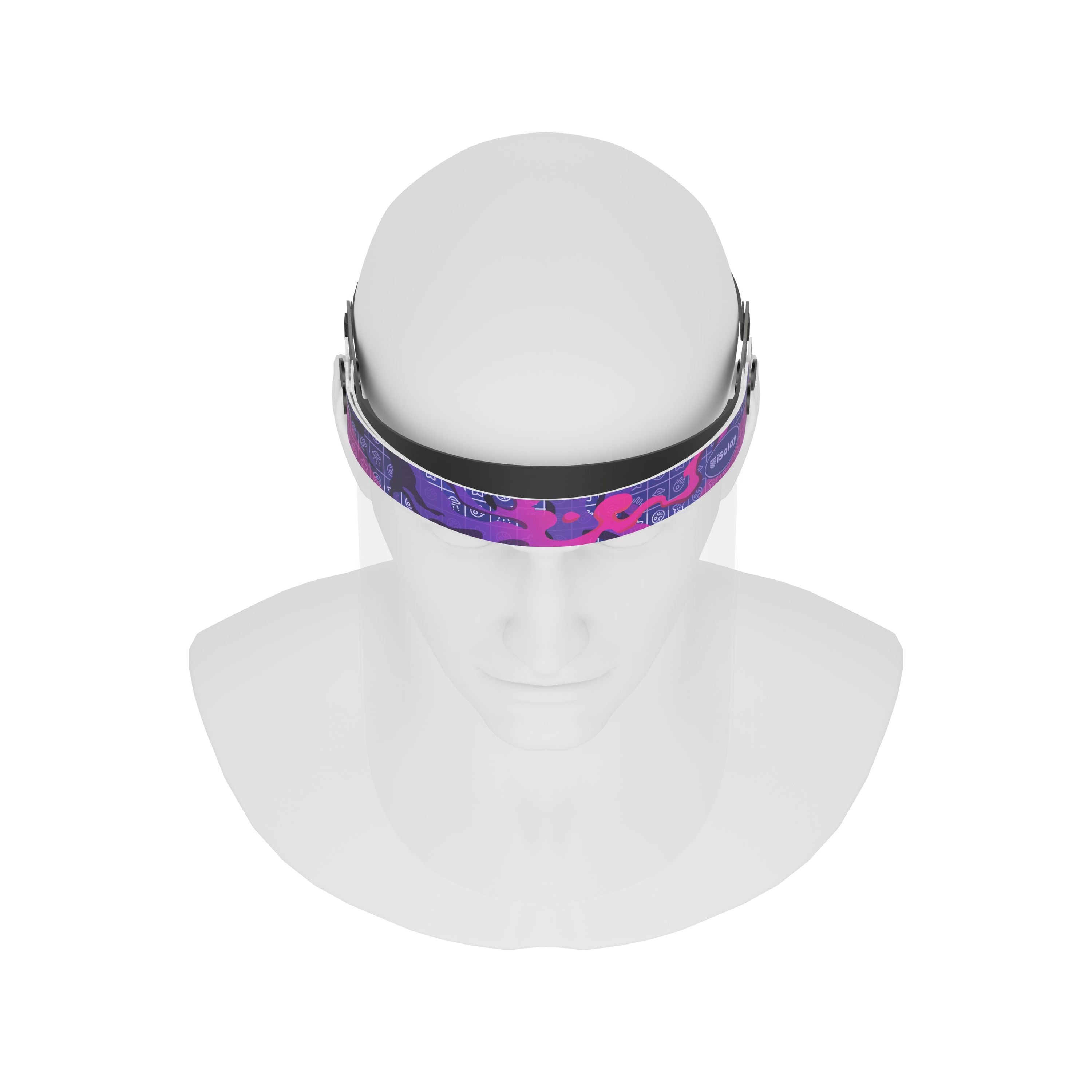 iSolay Face Shield in Purple Dreams design, featuring a transparent visor with adjustable elastic band and foam padding for comfort.