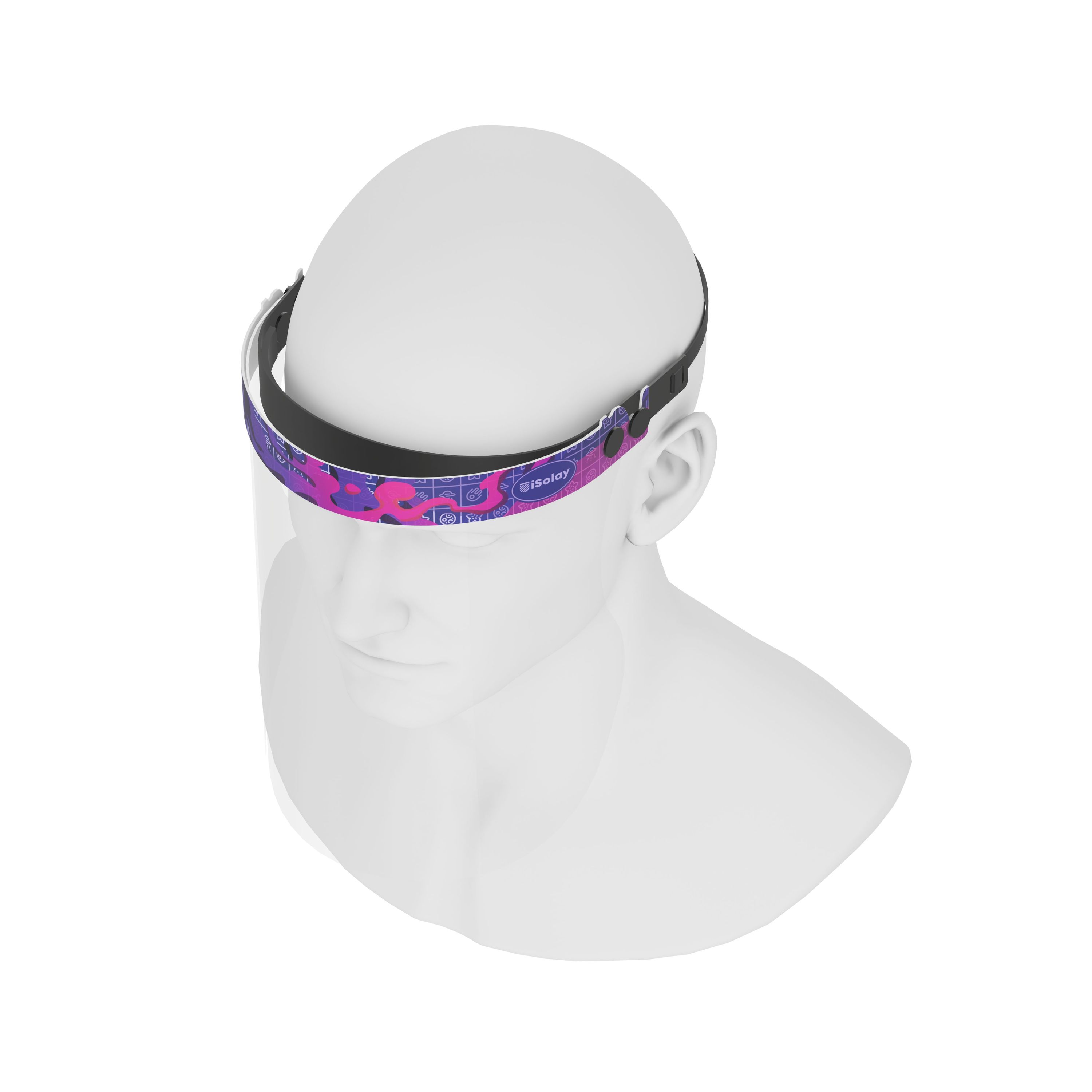 iSolay Face Shield in Purple Dreams design, featuring a transparent visor with adjustable elastic band and foam padding for comfort.