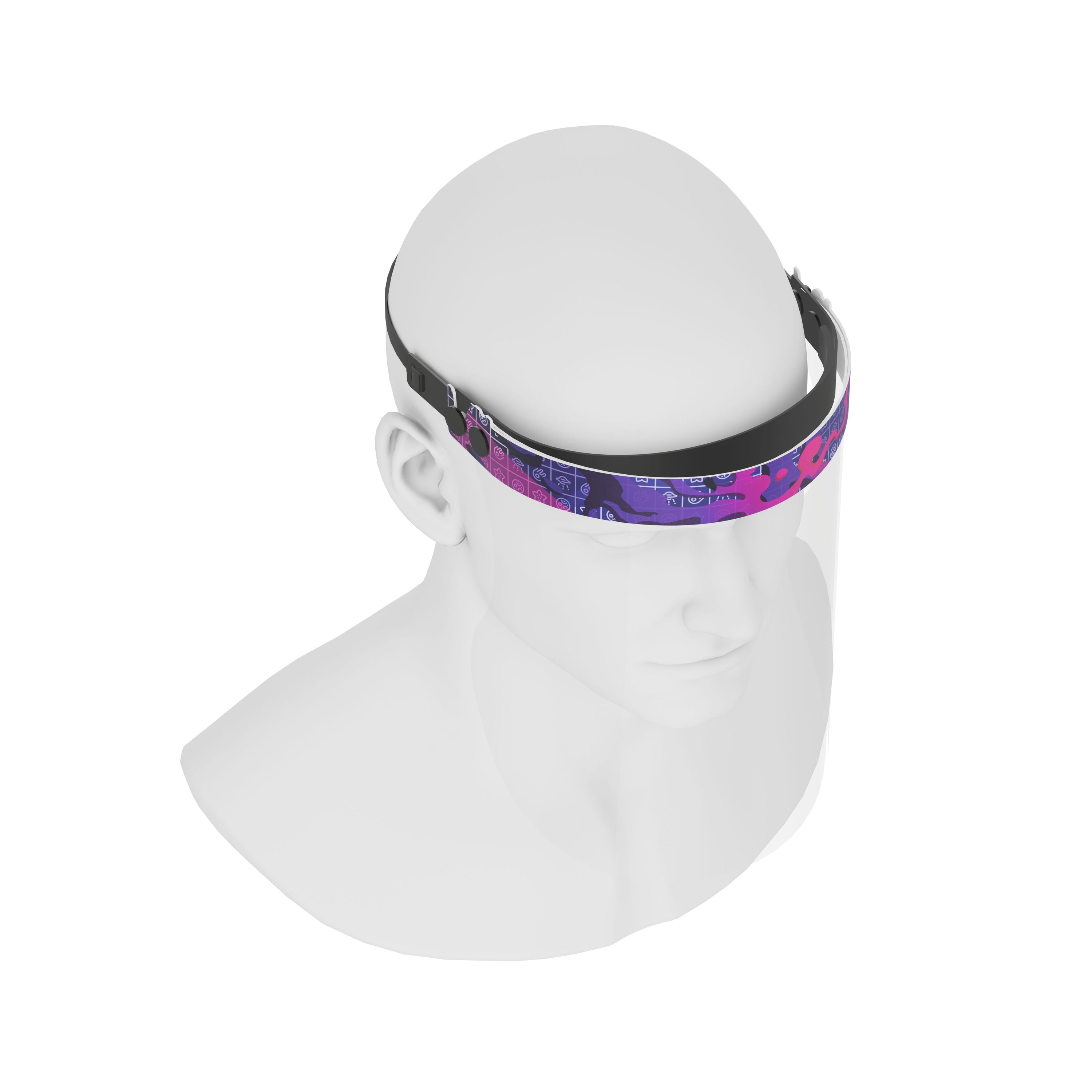 iSolay Face Shield in Purple Dreams design, featuring a transparent visor with adjustable elastic band and foam padding for comfort.