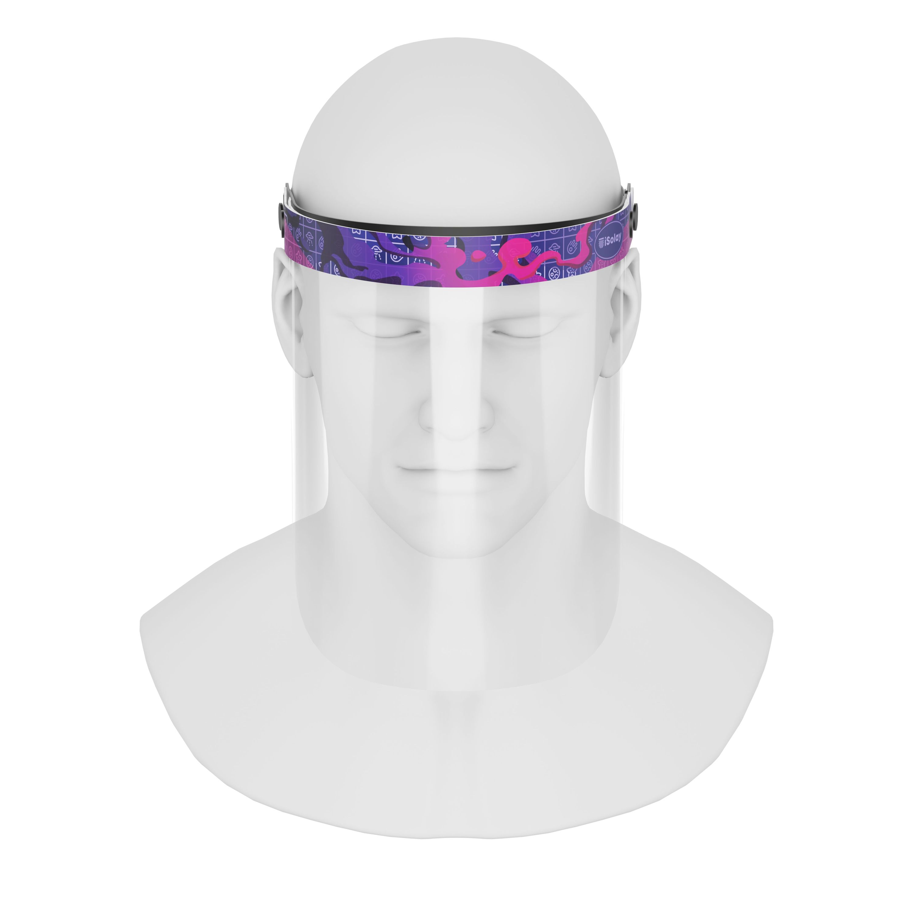 iSolay Face Shield in Purple Dreams design, featuring a transparent visor with adjustable elastic band and foam padding for comfort.