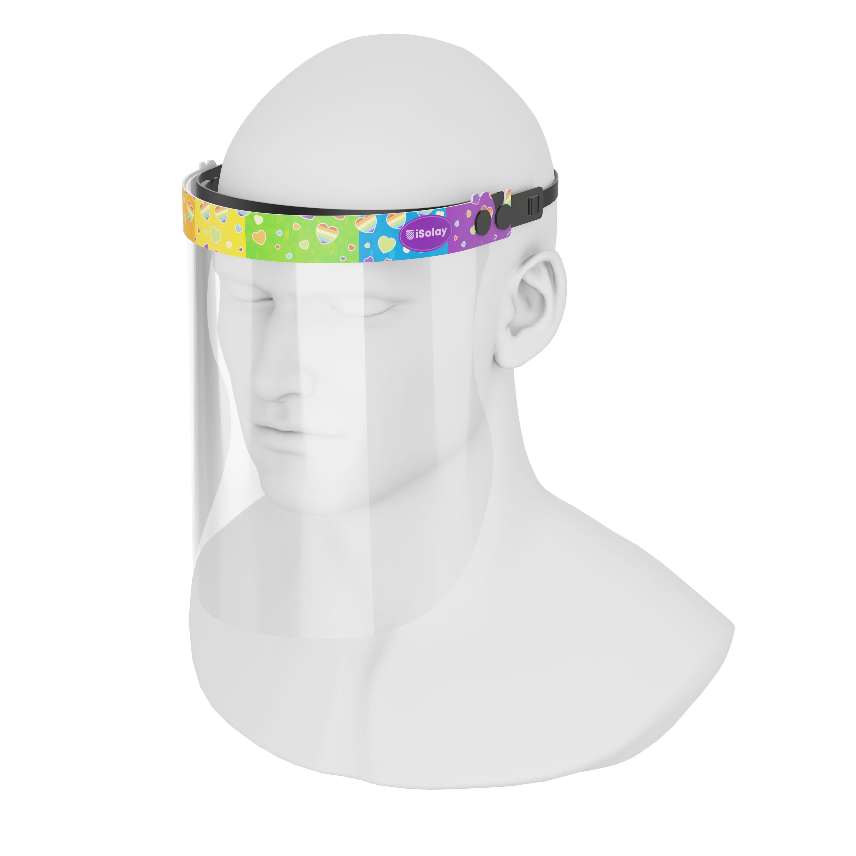 iSolay Face Shield Rainbow Shower featuring a colorful design, adjustable fit, and comfortable foam padding, ideal for protection in various environments.