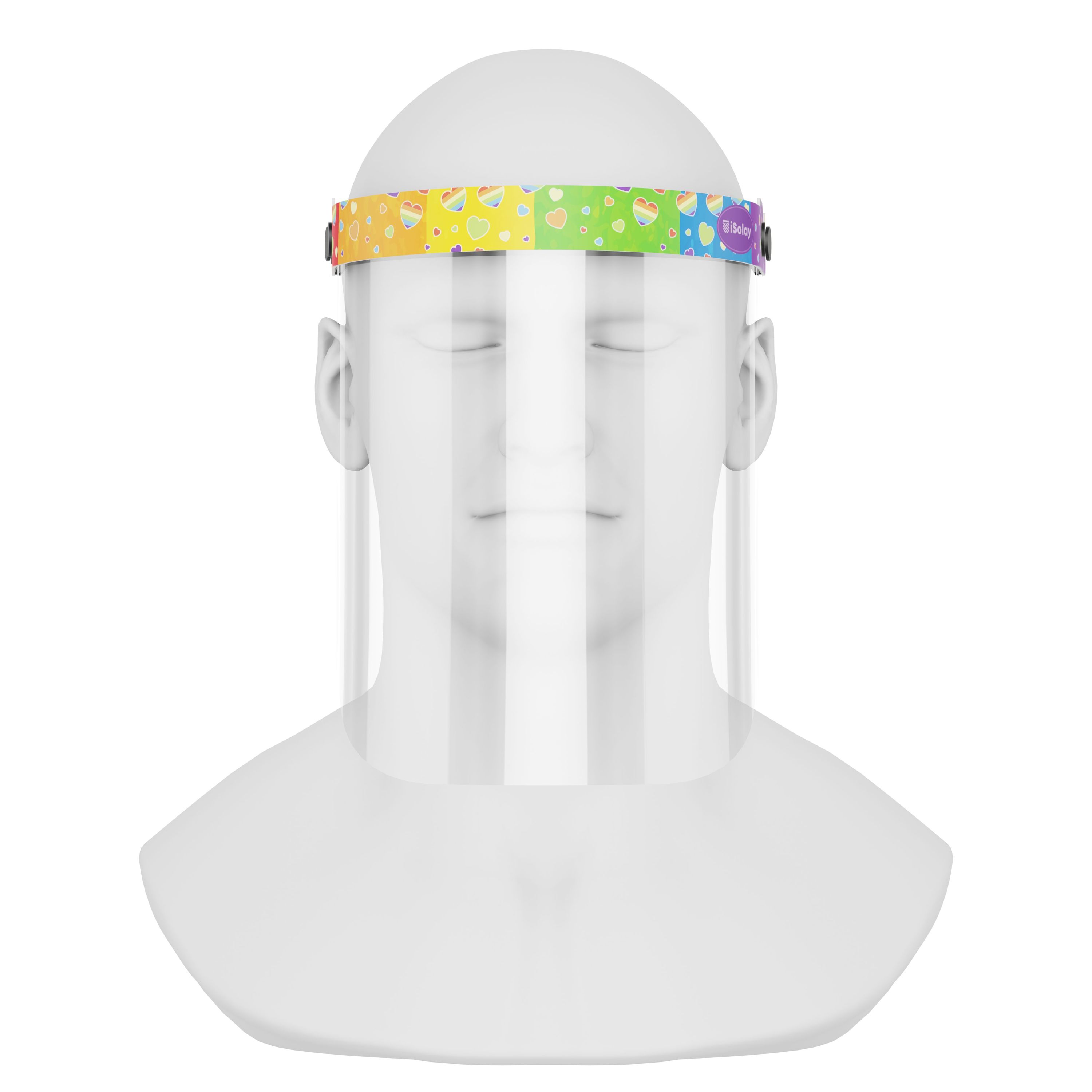 iSolay Face Shield Rainbow Shower featuring a colorful design, adjustable fit, and comfortable foam padding, ideal for protection in various environments.