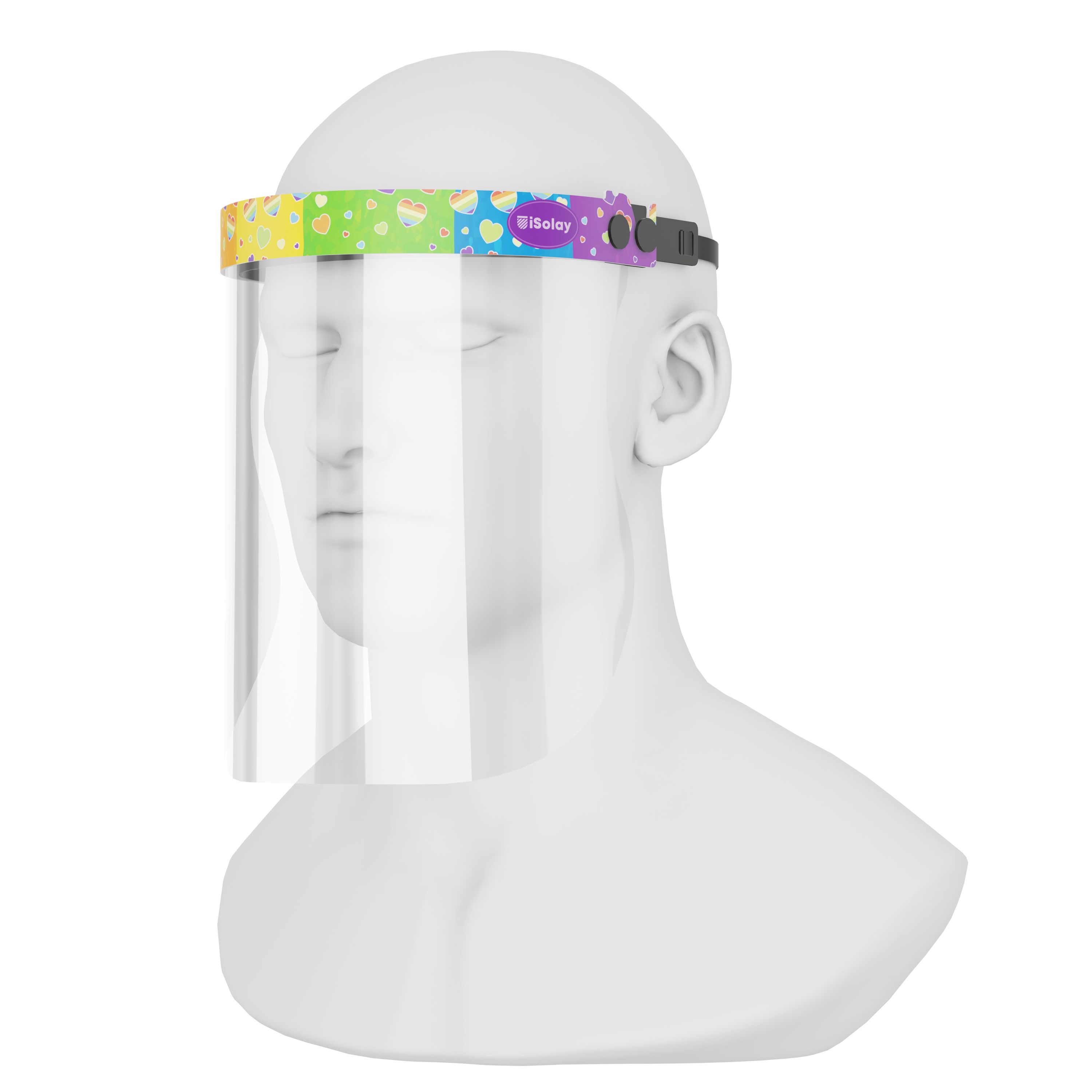 iSolay Face Shield Rainbow Shower featuring a colorful design, adjustable fit, and comfortable foam padding, ideal for protection in various environments.