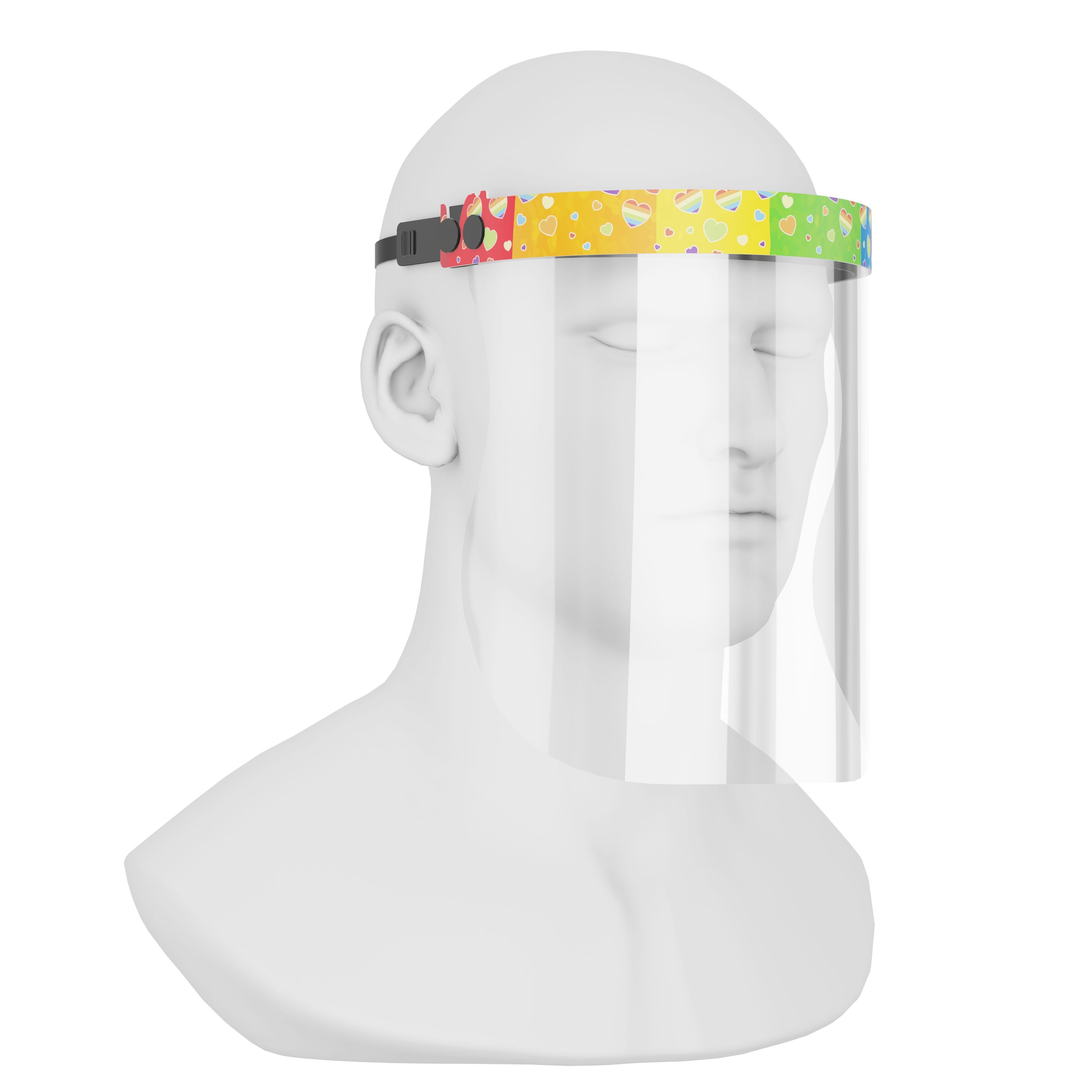 iSolay Face Shield Rainbow Shower featuring a colorful design, adjustable fit, and comfortable foam padding, ideal for protection in various environments.